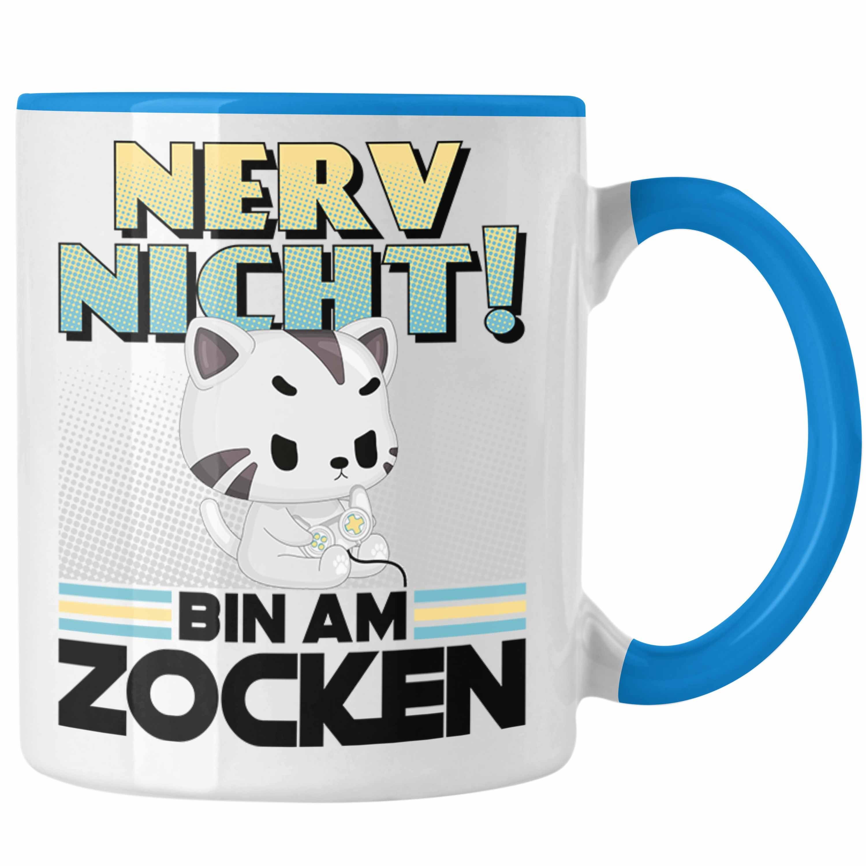 Trendation Tasse Trendation Tasse Gaming Kaffeetasse Katze Headset Geschenkidee Blau - Gaming Gamer Nerd Spruch Gamer