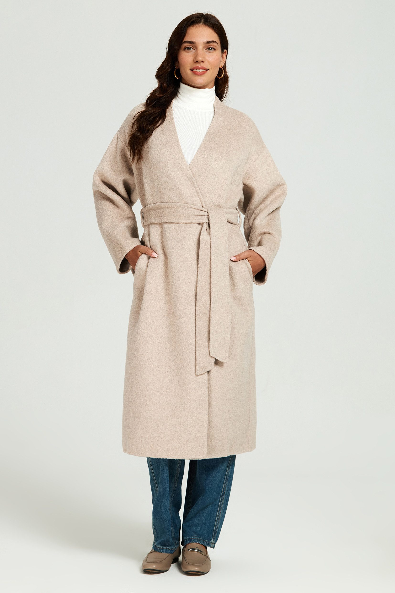 FS Collection Langmantel Damen Oversize-Mantel ohne Revers Wollgemisch Beige S-XL Bindegürtel, Seitentaschen, Gehschlitz, handgefertigt, ungefüttert