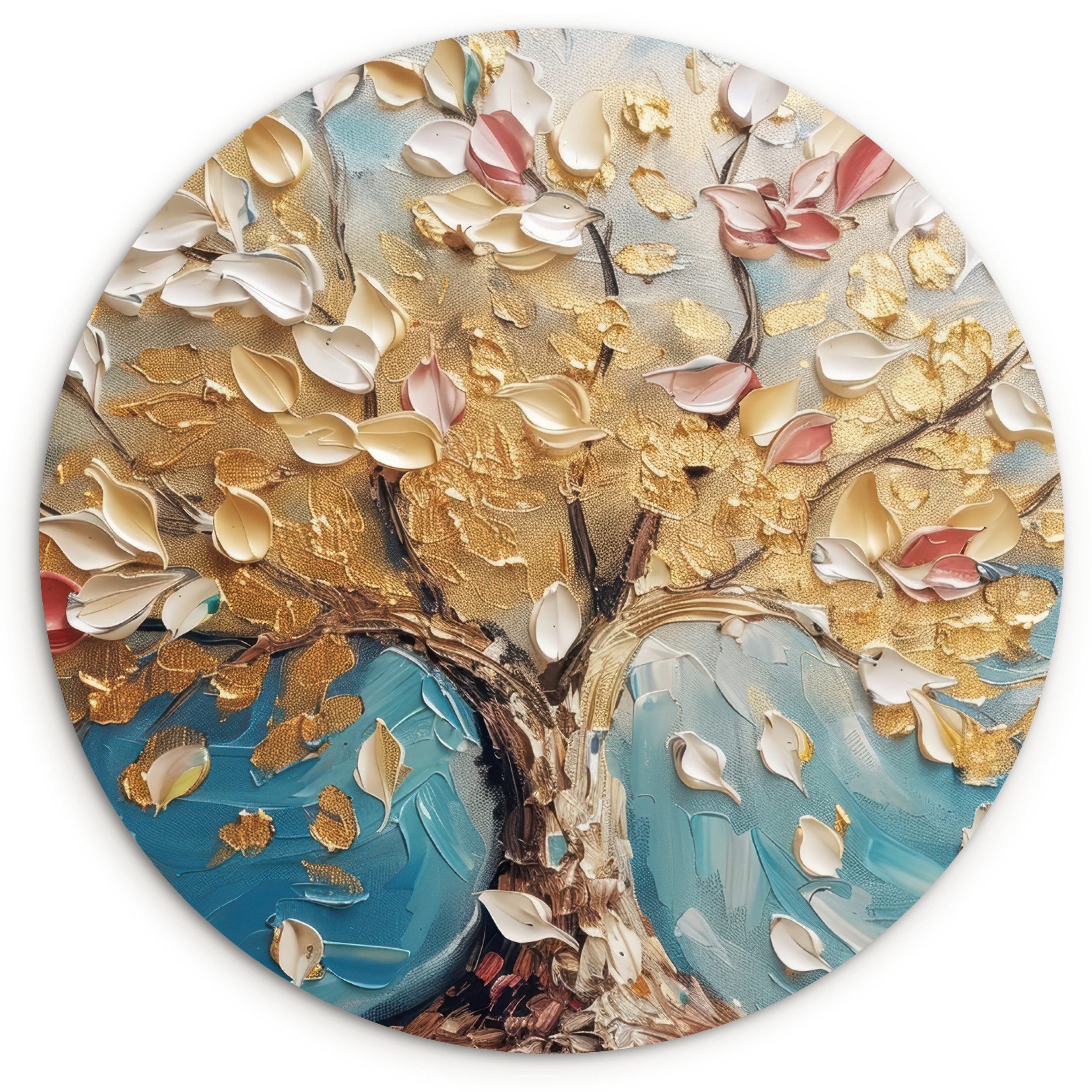 MuchoWow Gemälde Baum - Blau - Gold - Abstrakt - Modern, Fotodruck (1 St), Kreis Wanddekoration, Rundes Wandbild, 30x30 cm