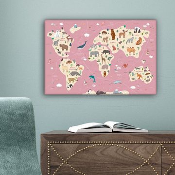 OneMillionCanvasses® Leinwandbild Weltkarte Kinder - Tiere - Erde - Jungen - Mädchen - Rosa, Weltkarte - Rosa (1 St), Wandbild Leinwandbilder, Aufhängefertig, Wanddeko, 30x20 cm