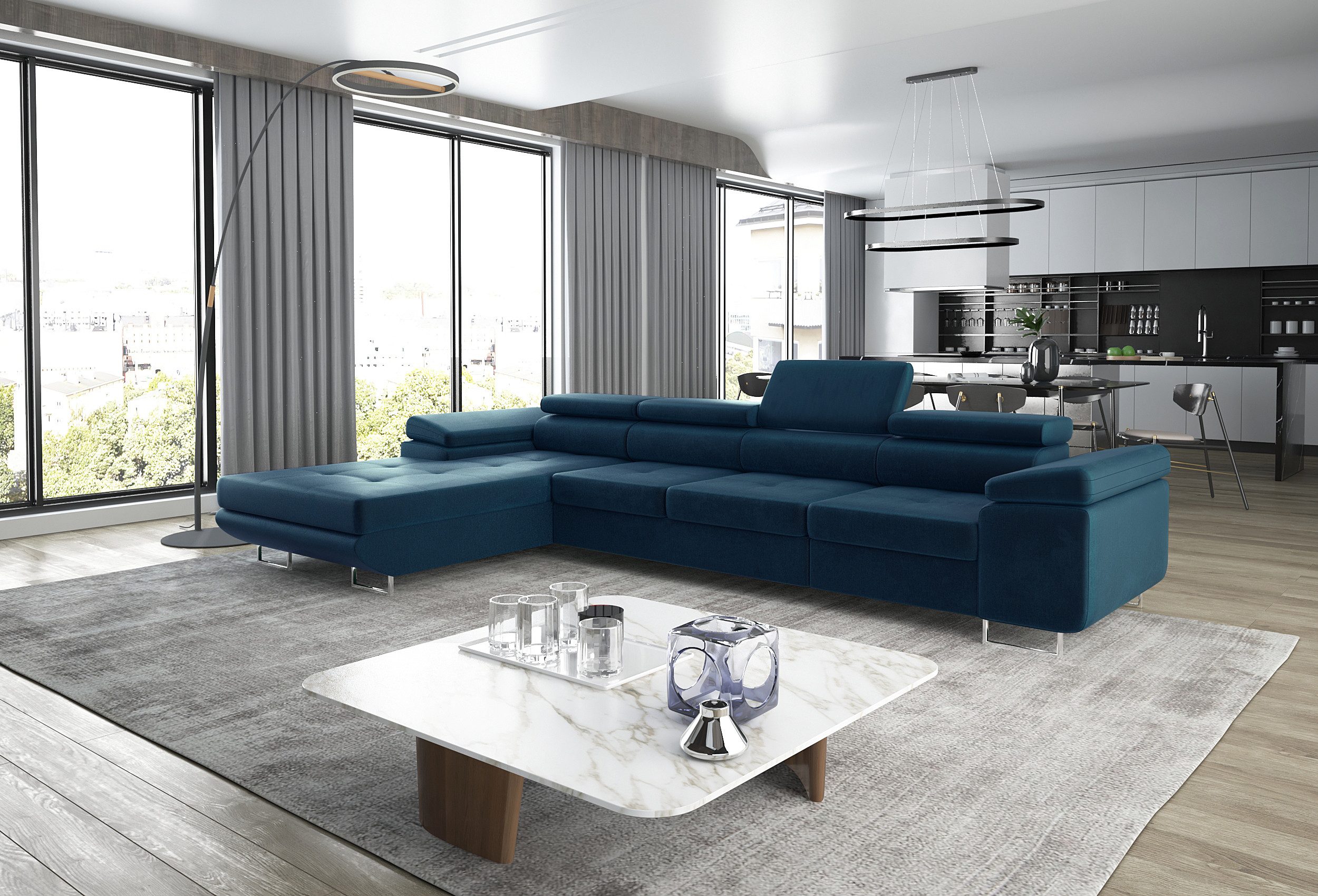 thematys Ecksofa ALVARO MAXI 355 x 204cm mit Schlaffunktion & Bettkasten –, L-Sofa mit 4 verstellbaren Kopfstützen, Samt (Monolotith), oder Cord (Poso) - L-Form, XL-Wohnlandschaft, 355 cm breit