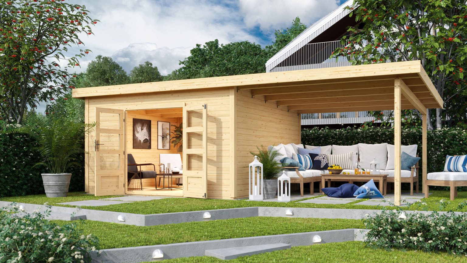 Karibu Gartenhaus Karibu Gartenhaus Northeim, 38 mm, 724 x 393 cm, Typ 5, natur, inkl. 3,3 m Anbaudach