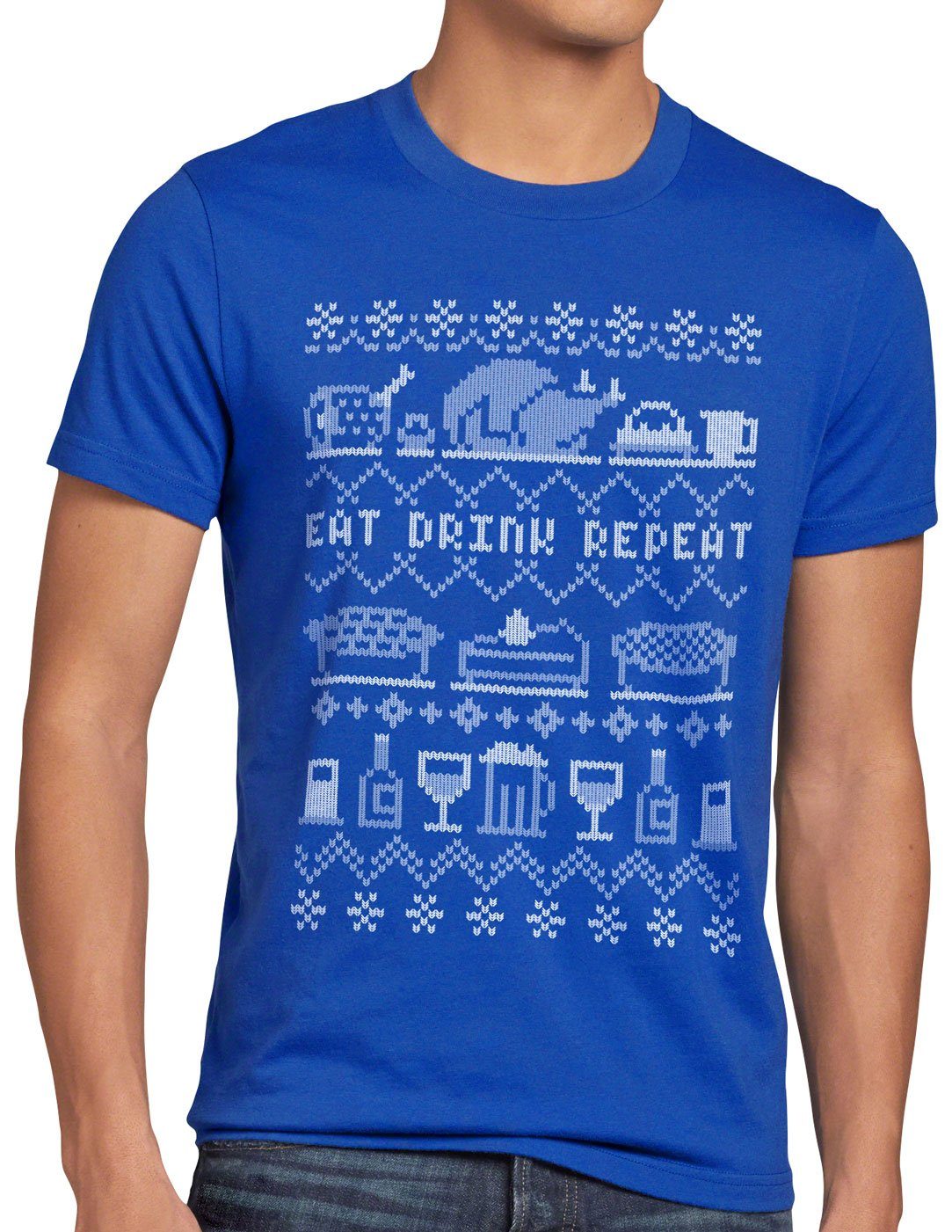 style3 Print-Shirt Herren T-Shirt Eat Drink Repeat Ugly Sweater weihnachtsessen fressen feiertage x-mas pulli blau | T-Shirts
