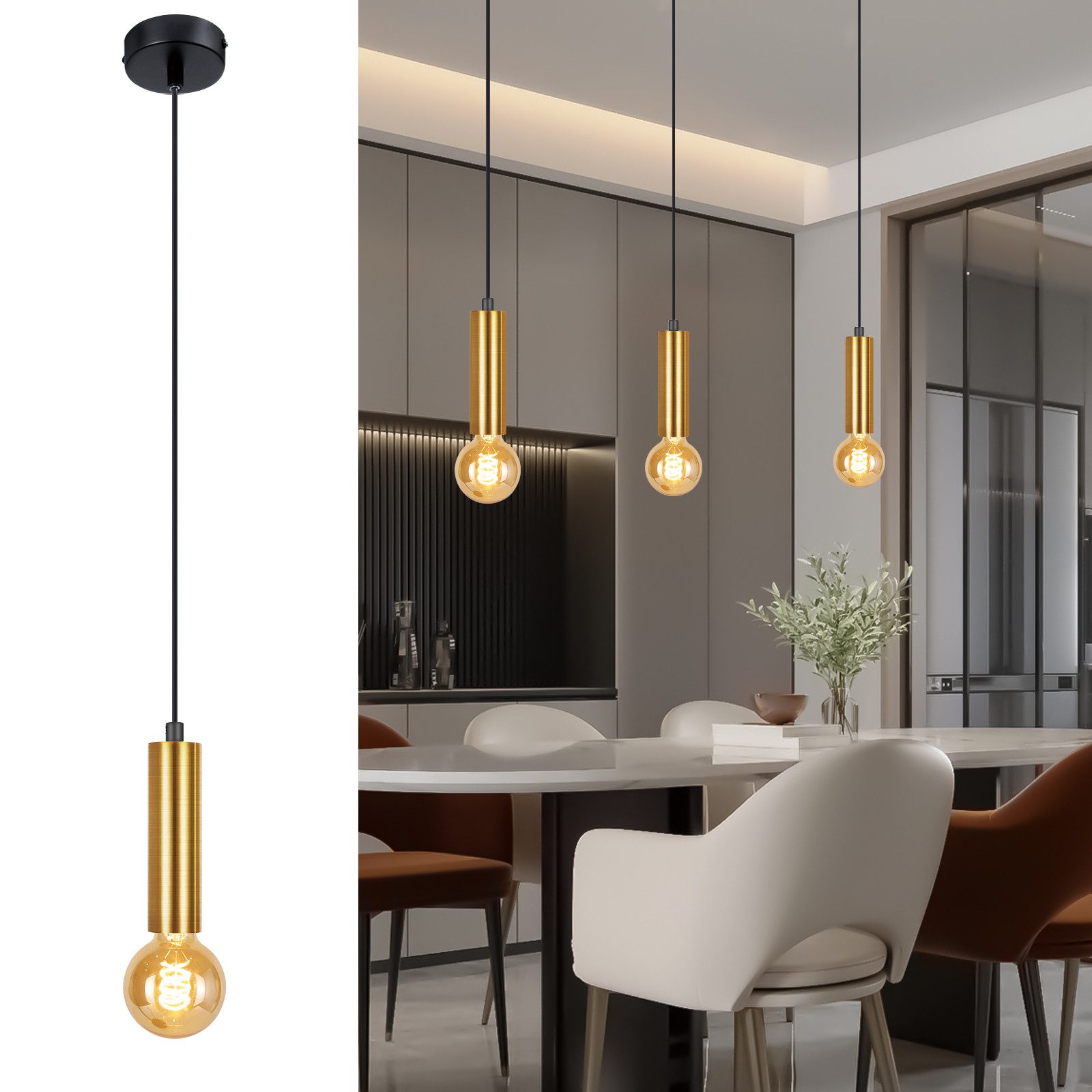 Nettlife Hängeleuchte Gold 1 Flammig Esszimmerlampe E27 Metall Industrial Pendelleuchte, Höhenverstellbar, ohne Leuchtmittel, Bettlampe Nachttisch Hängend Küchenlampe für Schlafzimmer Flur