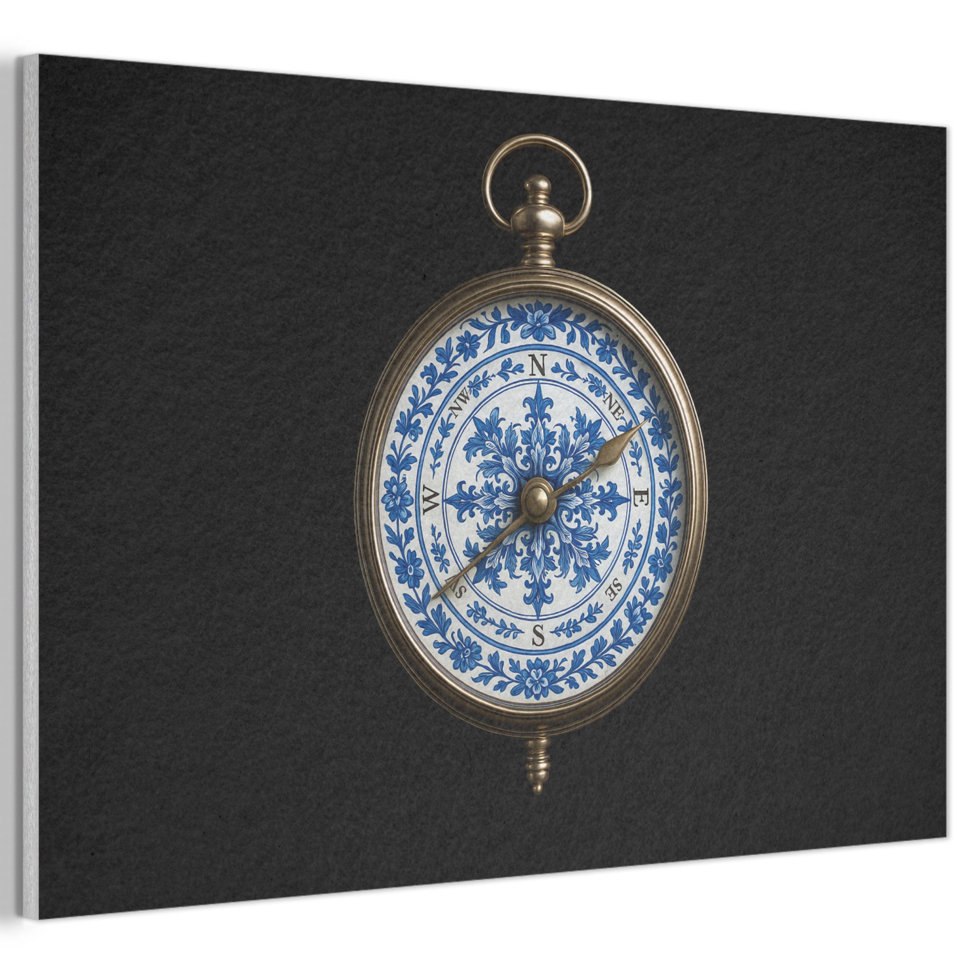 MuchoWow Gemälde Kompass - Delfter Blau - Schwarz, Fotodruck (1 St), Akustikbilder Schallabsorber, Wandpaneele, Akustikpaneele 60x40 cm
