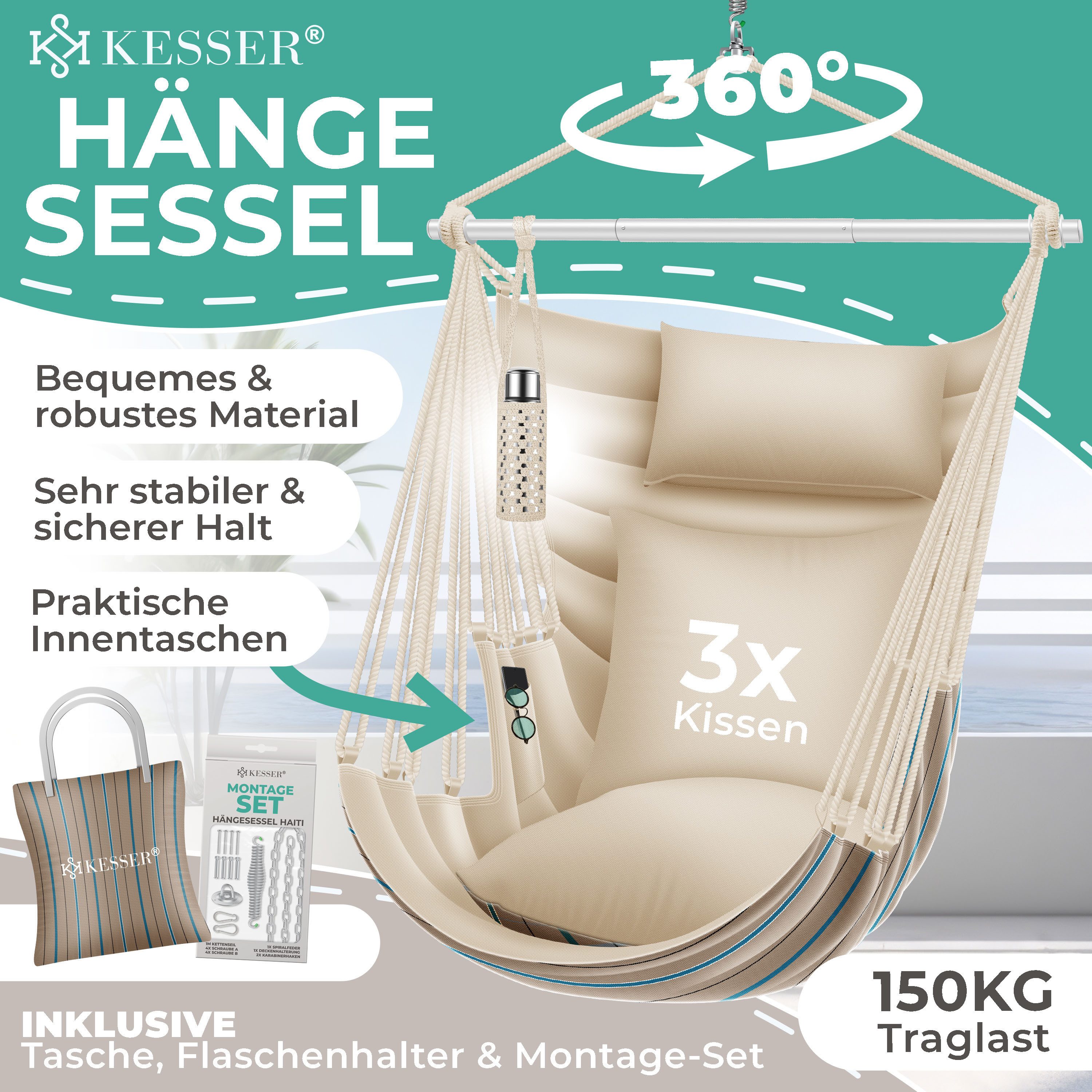 KESSER Hängesessel Haiti 150kg Traglast, Indoor & Outdoor Hängestuhl (Hängeschaukel mit 2 Kissen, Tragetasche, Flaschenhalter & Montage-Set), 360° Hängematte Pflegeleicht, UV-beständig & Wasserfest