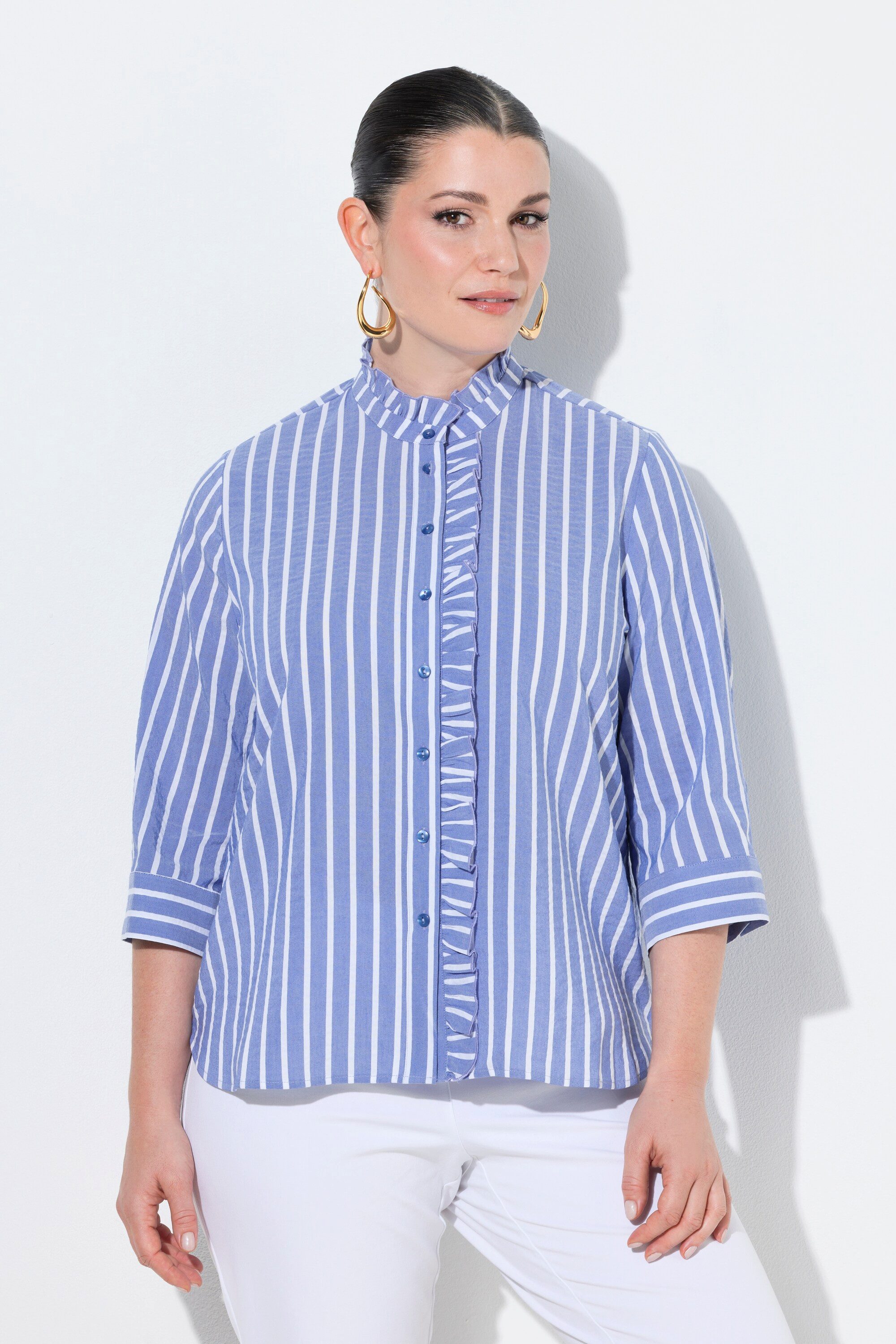 Ulla Popken Rüschenbluse Seersucker-Bluse A-Linie Stehkragen 3/4-Arm