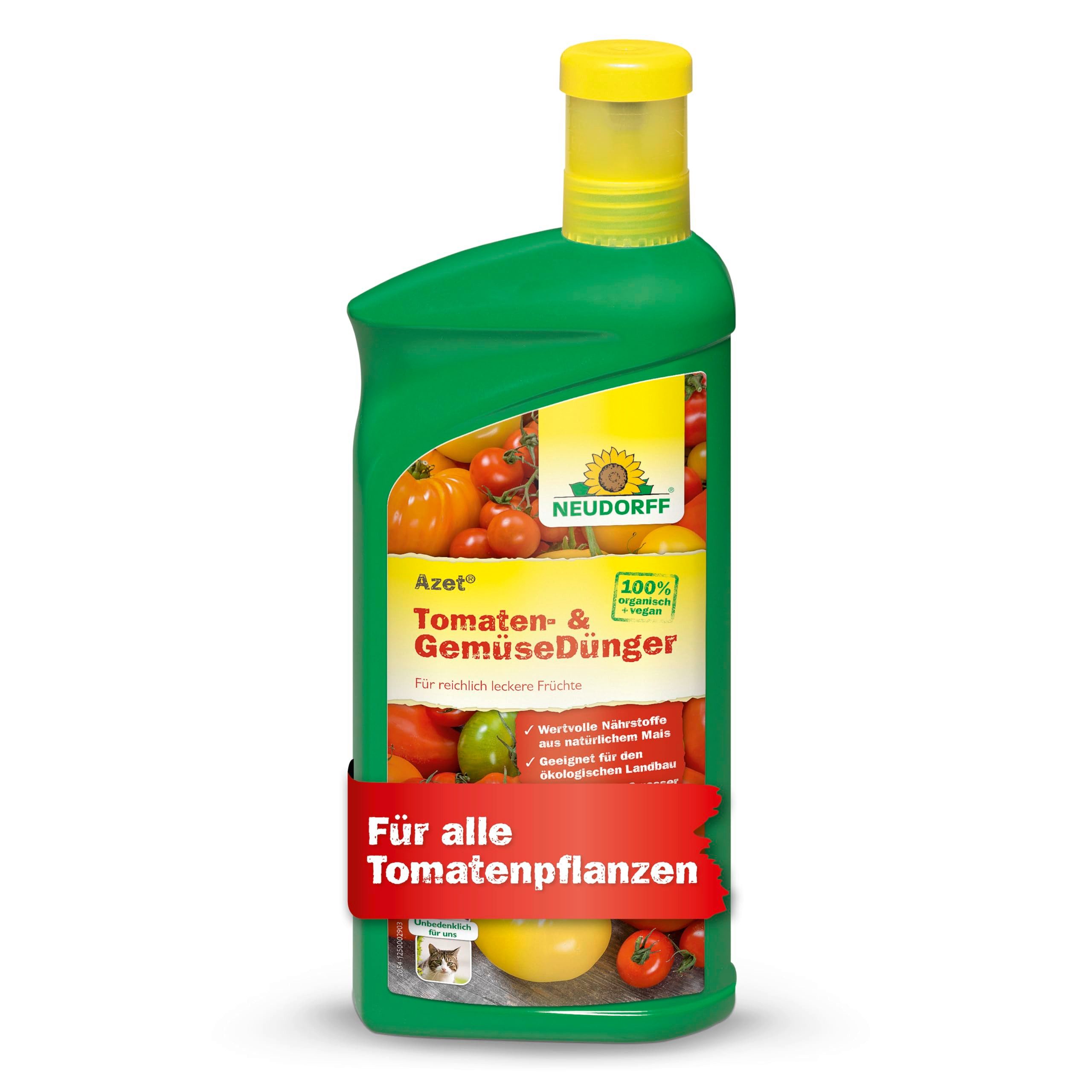 Neudorff Gemüsedünger Azet Tomaten- und GemüseDünger 1 Liter, Vor Gebrauch gut schütteln und nur mit Wasser verdünnt anwenden., Spezialdünger mit praktischem Dosierbecher, Gurken Dünger 100 % organisch und vegan