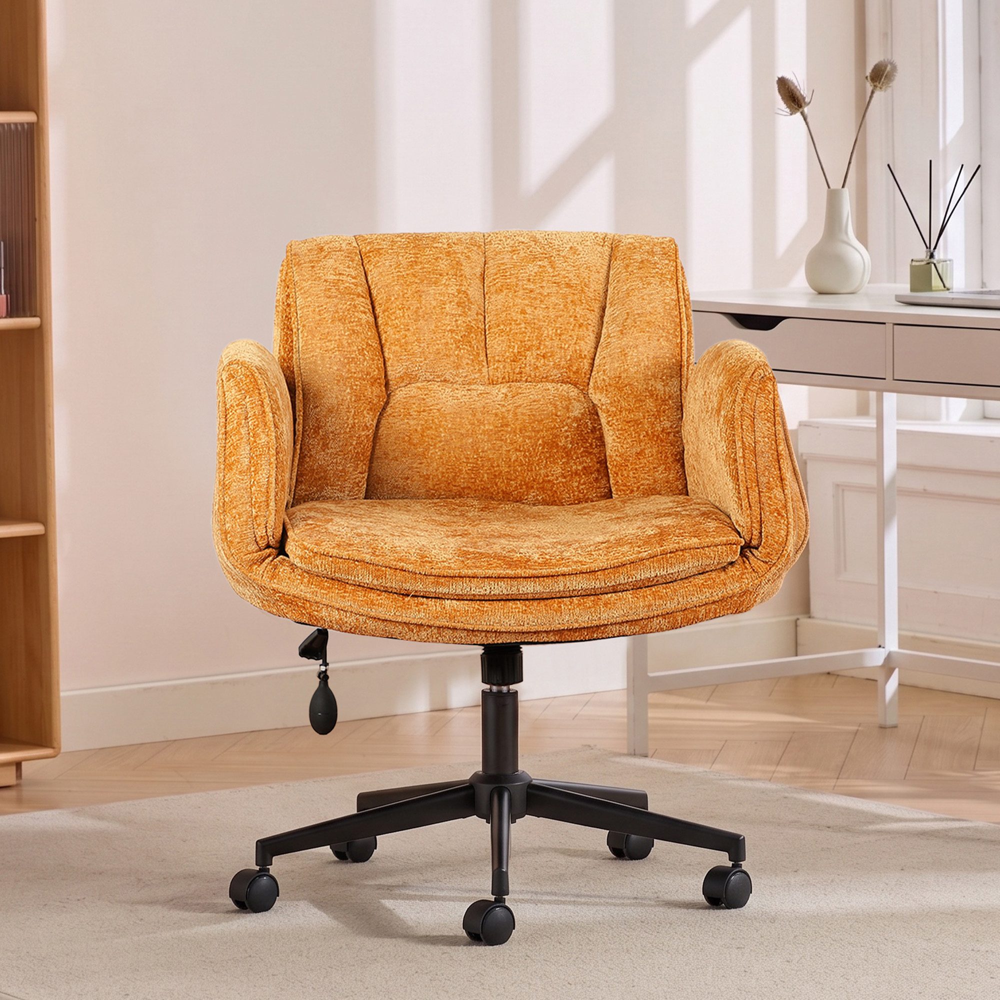 Livzenau Drehstuhl Bürostuhl ergonomisch mit breitem Sitz & 5-fach Armlehnen, Schreibtischstuhl mit Chenille-Bezug, Rollen & 150 kg