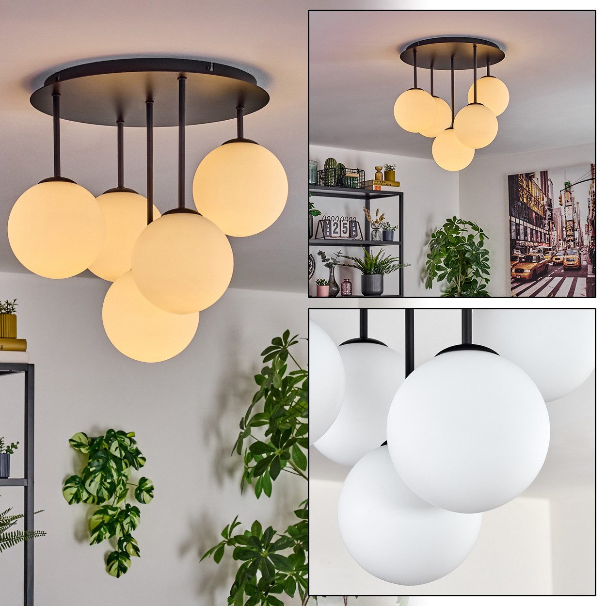 Deckenleuchte 5-flammige Deckenlampe aus Metall/Glas in Schwarz/Milchglas/Weiß