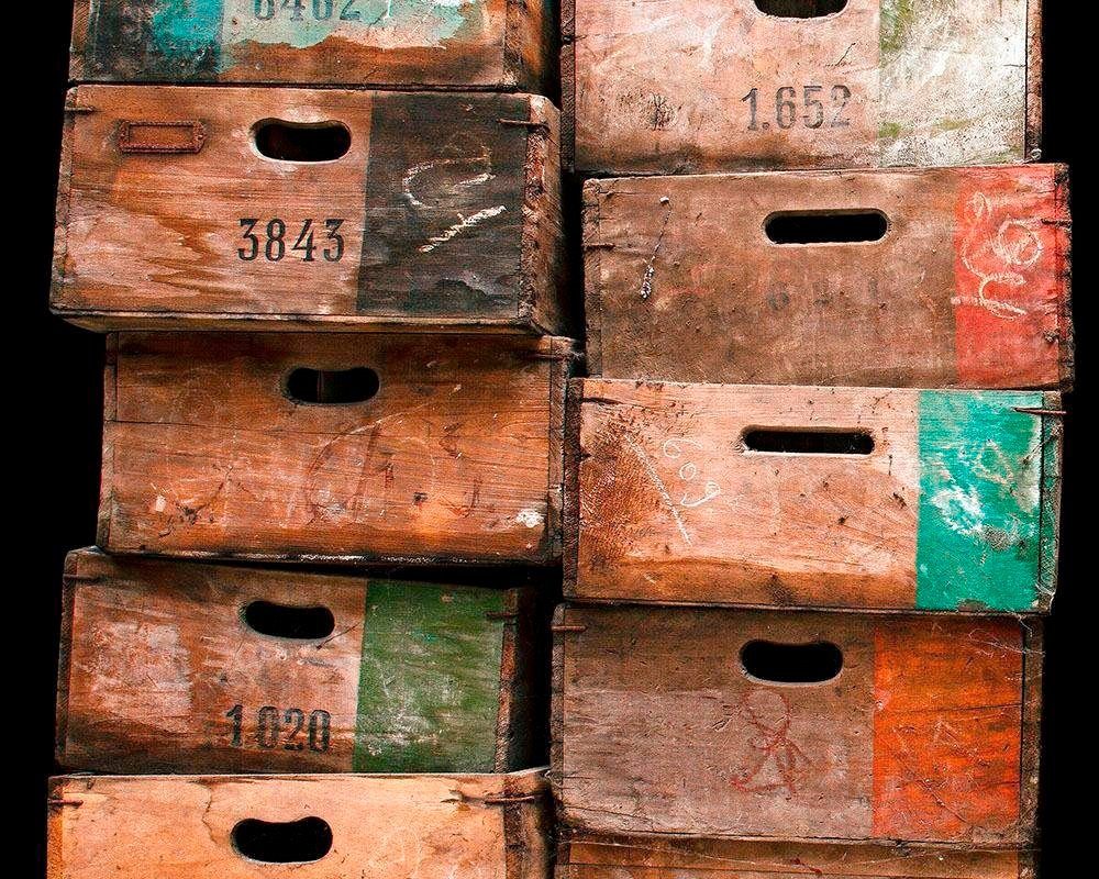 living walls Bordüre pop.up Panel, glatt, Motiv, Retro, gemustert, Panel Tapete Selbstklebend Holzkisten abstrakt Borte modern Küche Büro