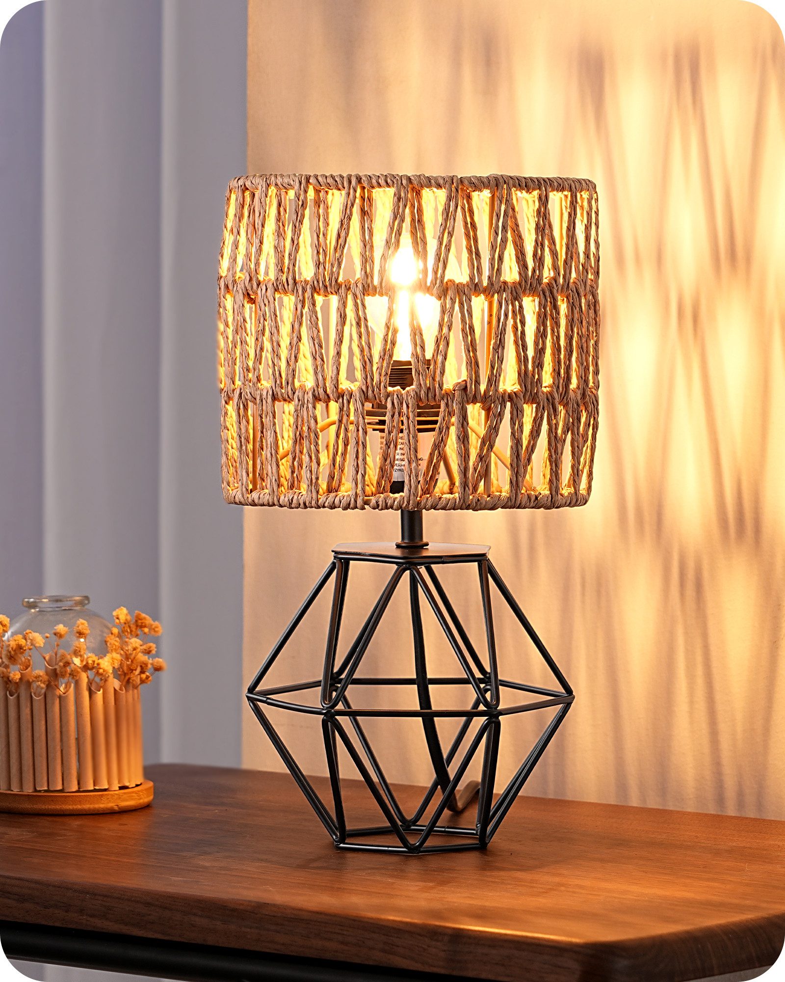EDISHINE Nachttischlampe Moderne Tischlampe Industrial, LED wechselbar, 2700 K Warmweiß, Vintage Tischleuchte mit schwarzem Fuß und E14 Leuchtmittel