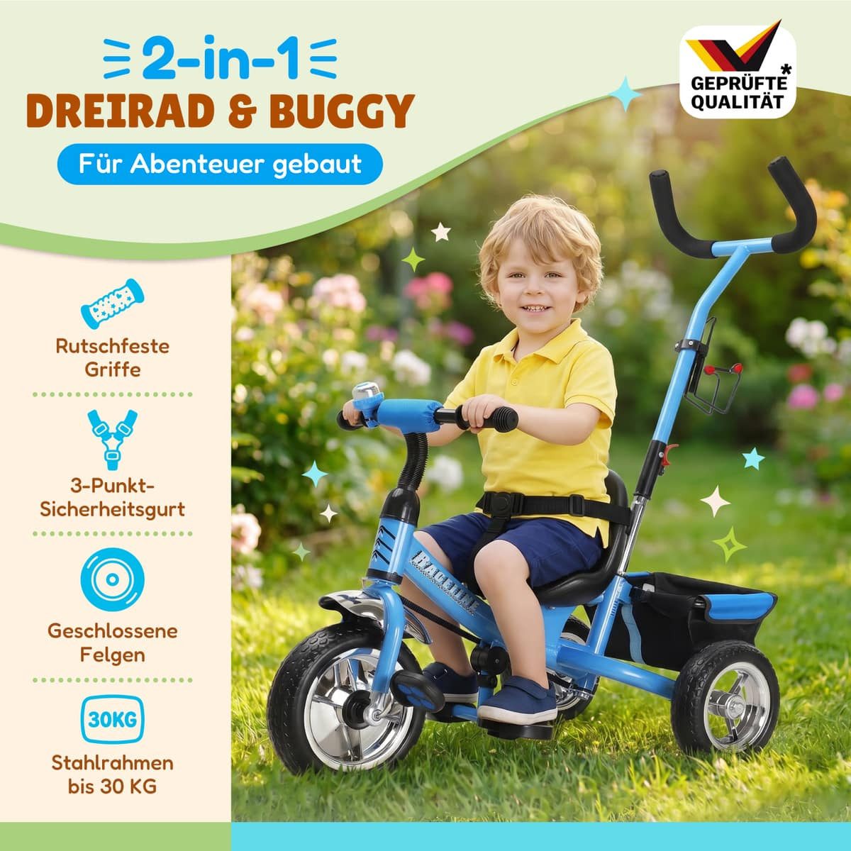 Spielwerk Dreirad-Kinderwagen, (1-tlg), Dreirad Sicherheitsgurt Schubstange Abnehmbar verstellbare Fußablage