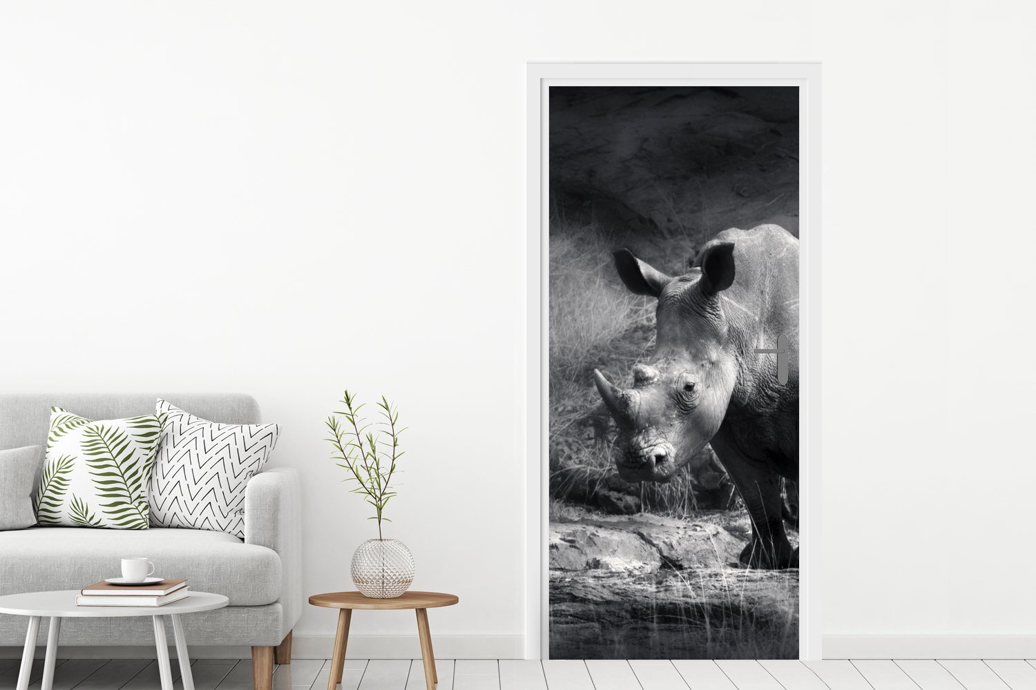 bedruckt, St), 75x205 - Natur cm Fototapete Gras - Türtapete Schwarz Weiß, Matt, MuchoWow Rhinozeros (1 Tür, - Türaufkleber, - für