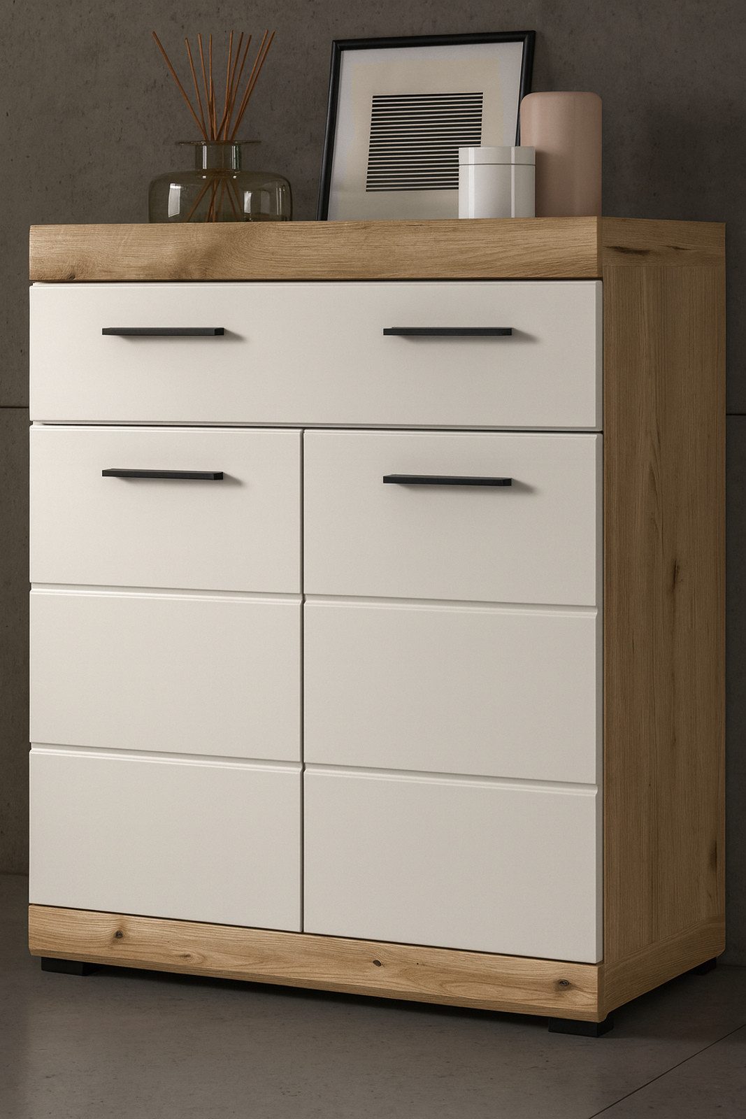 Inn.Furn Badkommode Shawn (Badschrank in Eiche und Sand / Kaschmir, 2-türig, 74 x 88 cm), mit Vollauszug