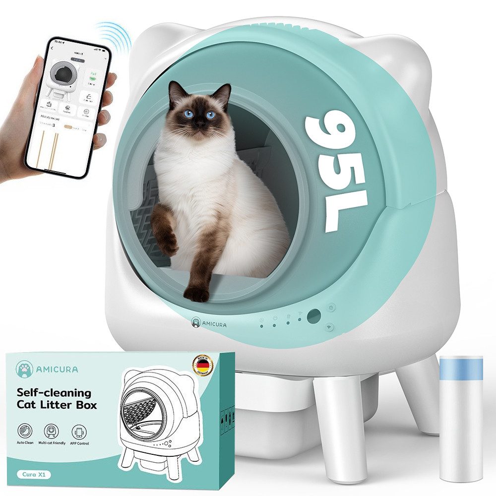 AmiCura Katzenecktoilette 2025 katzenklo selbstreinigend 95L/12 selbstreinigende katzentoilette, Katzentoilette Katzenklo 95L+12L Große 32 dB sicher für Mehrere Katzen