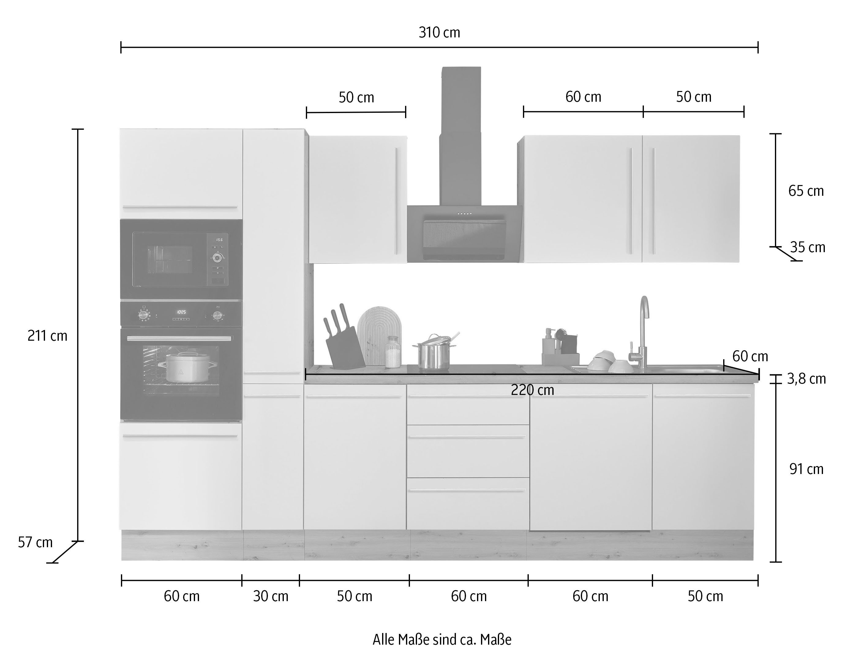 KOCHSTATION Küchenzeile Florida, Breite 310 cm, wahlweise mit E-Geräten,Softclose für Türen/Schubkästen