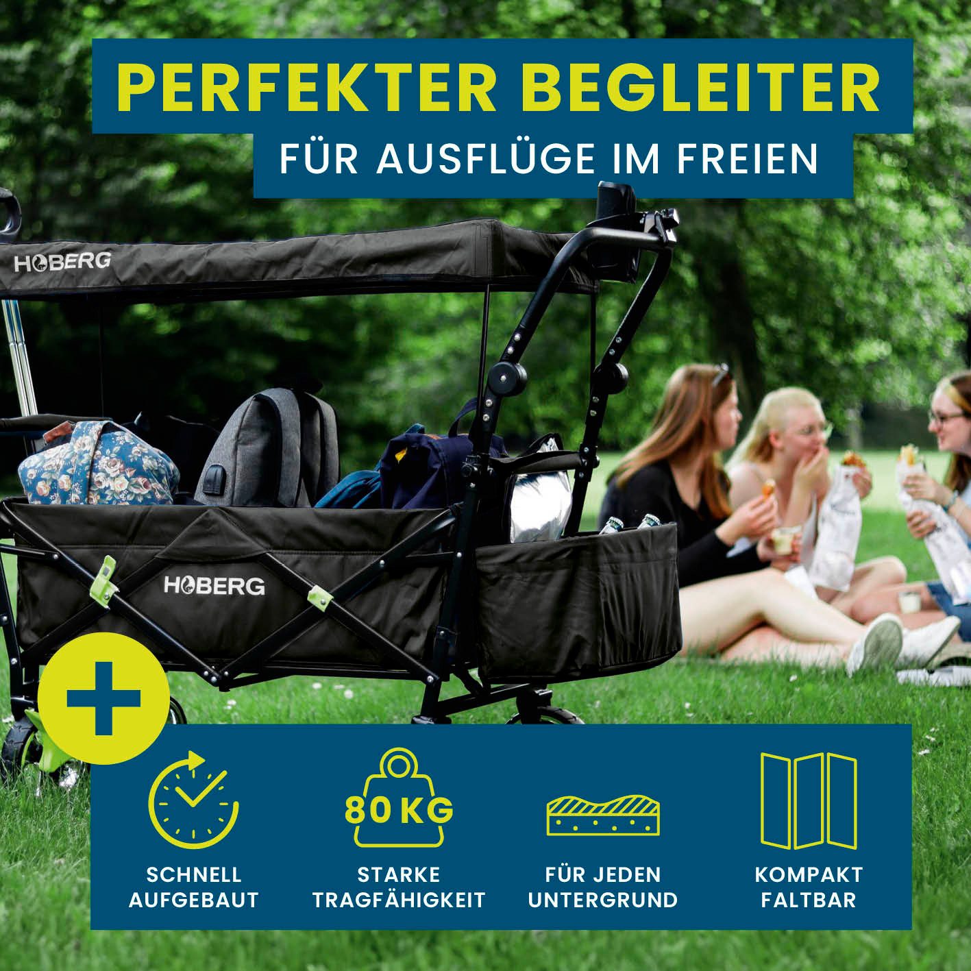 Thumbnail - Hoberg Bollerwagen inkl. Dach Getränkehalte & Tasche, inkl. Kühltasche Transportkarre 80kg faltbar