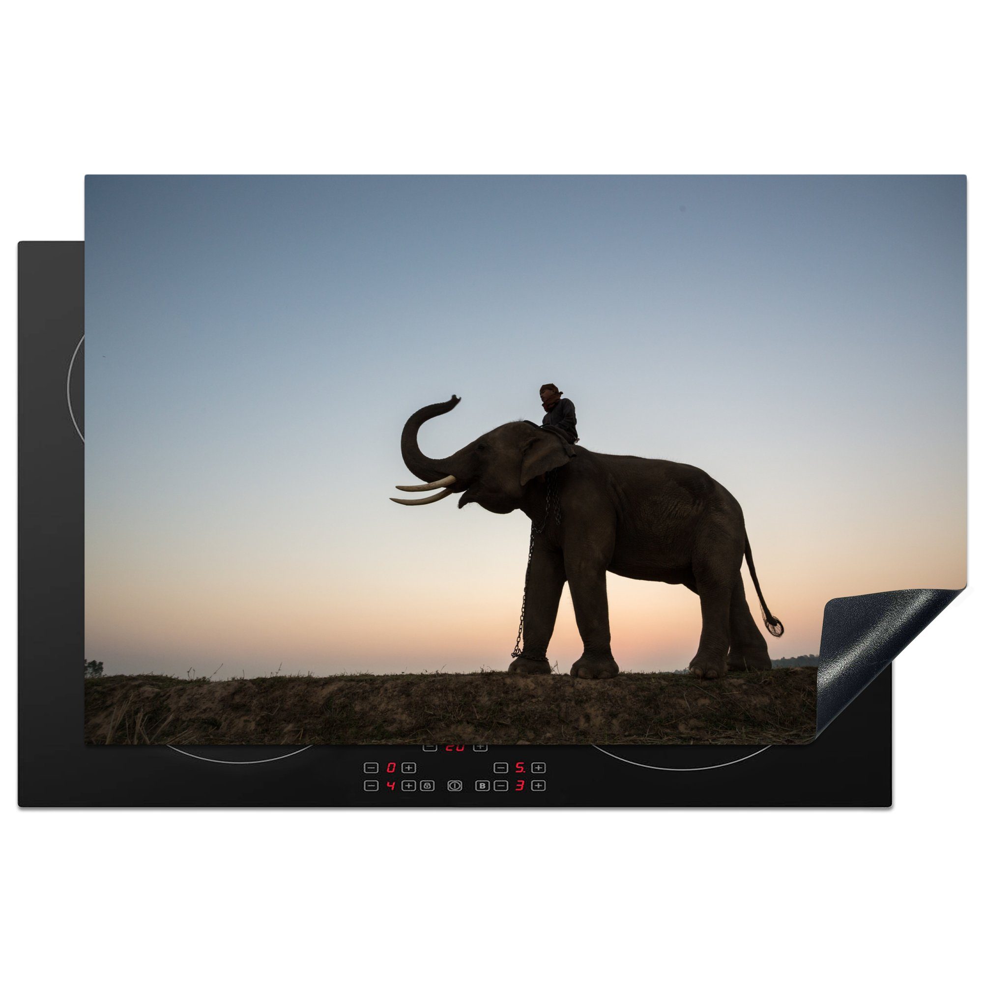 MuchoWow Herdblende-/Abdeckplatte Illustration eines Elefanten mit einem bunten Sonnenuntergang, Vinyl, (1 tlg), 81x52 cm, Induktionskochfeld Schutz für die küche, Ceranfeldabdeckung