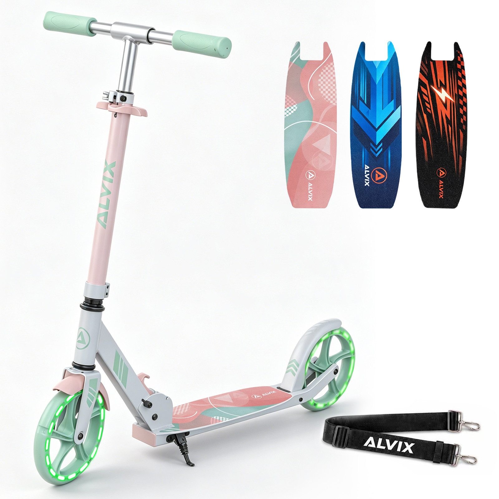 ALVIX Cityroller Kinderroller K-Serie, (Einzelartikel, 1 Scooter, 1 Tragegurt, 1 Bedienungsanleitung), 200-mm-LED-Räder, breites 120-mm-Deck, faltbar, Tragegurt