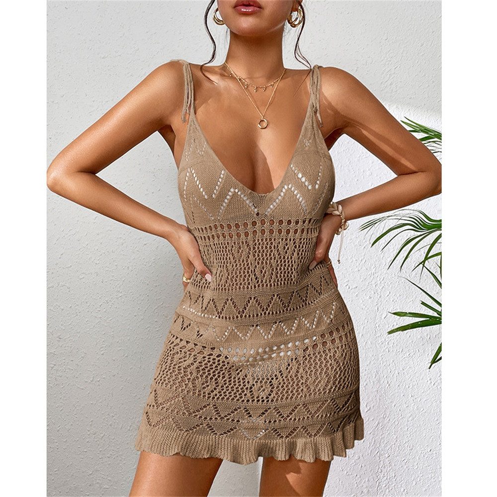 MOPUEA Blusenkleid Kurzes Damen Strandkleid aus Netzstoff Tief V Rückenfrei Transparent (1-tlg) Minikleid rückenfrei ärmellos mit Cut-out im Strandstil Einteiler
