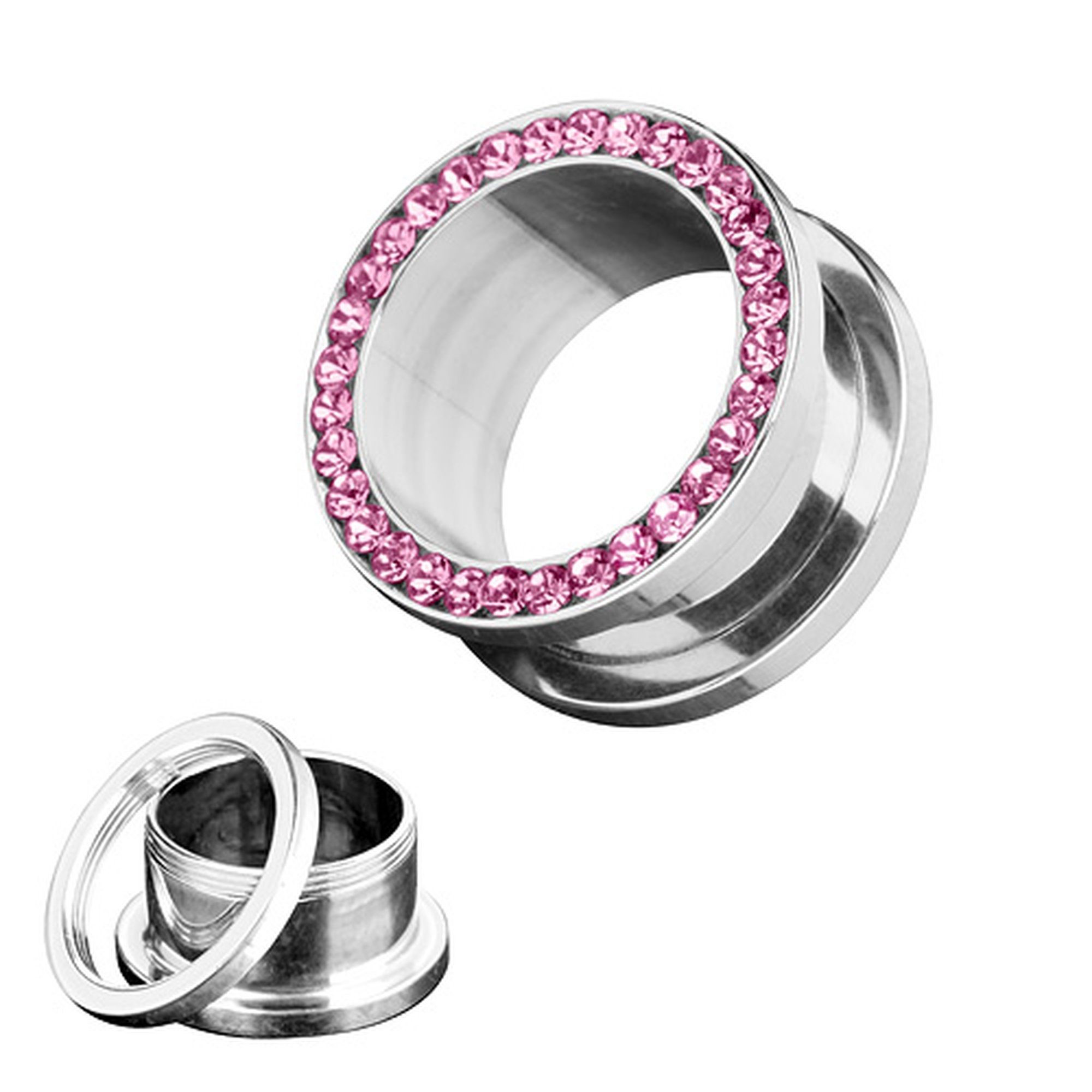 Flesh Plug Edelstahl Kristall, Tunnel Piercing Pink Edelstahl Taffstyle Zirkonia Kristall Plug Schraub Piercing Zirkonia