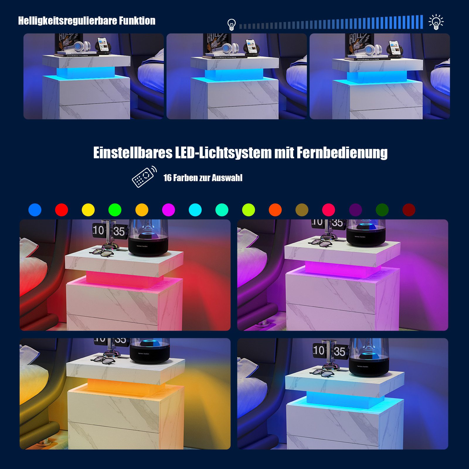 Rutaqian Nachttisch LED Nachttisch Schrank Lichter mit 2 Schubladen für Schlafzimmer, Nachttisch Moderne Ende Seite, 50x53x36cm – Bild 5 von 5