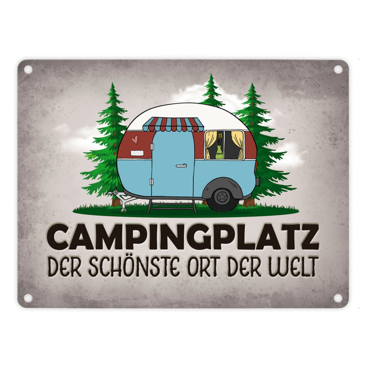 speecheese Metallschild Campingplatz Metallschild in grau mit Wohnwagen Motiv Wohnmobil Hobby