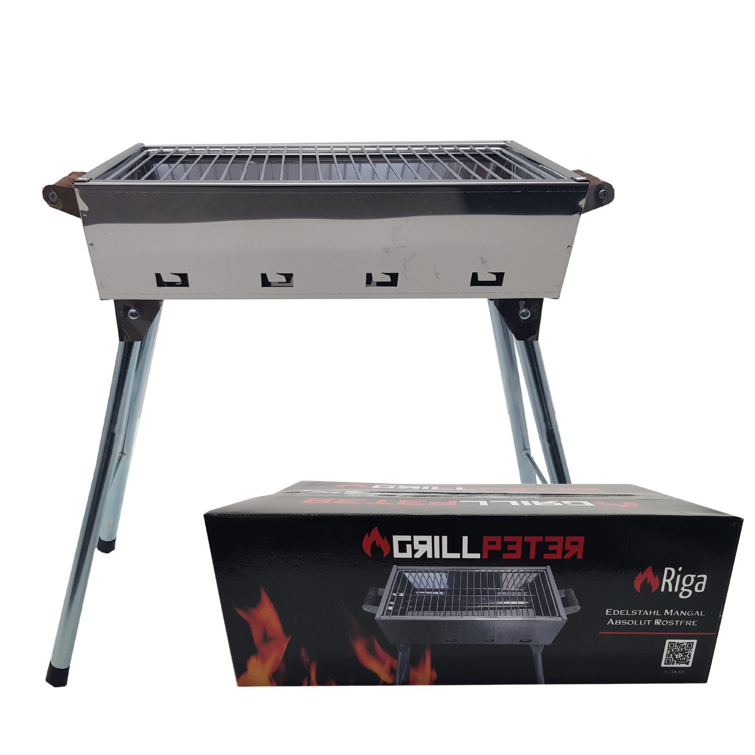 Grillpeter Holzkohlegrill Mangal Grill Riga Edelstahl Campinggrill mit Klappbeinen Anglergrill