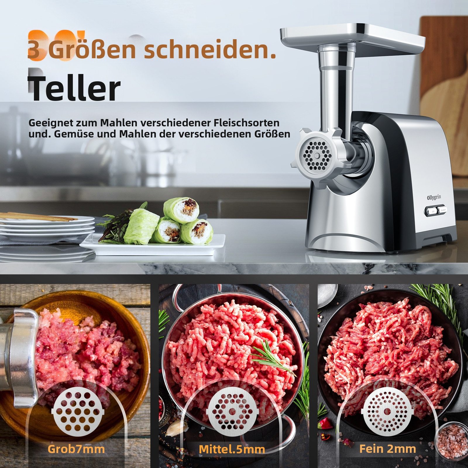 Ollygrin Fleischwolf Elektrischer Fleischwolf, max. 2600 W, mit Zubehör, 350 W, mit 2 Messer, 3 Lochscheiben, Wurstfüllrohr