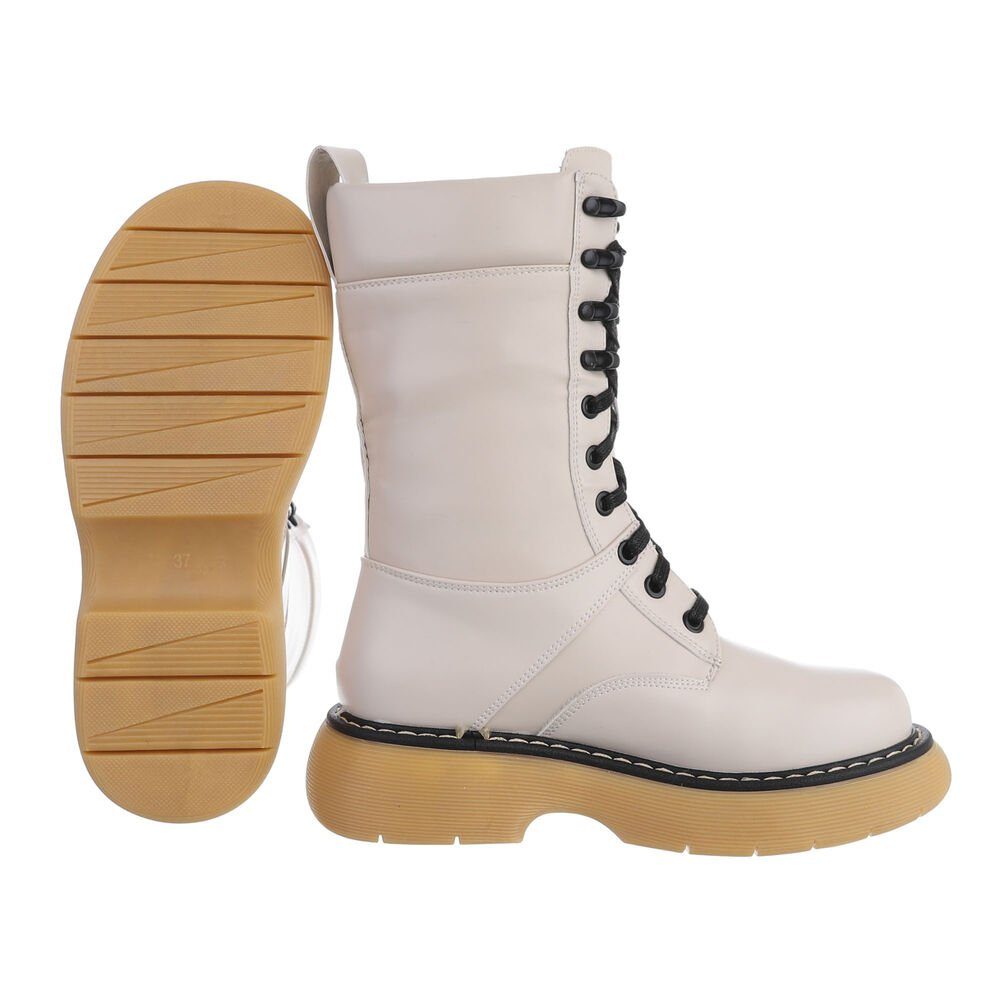 Ital-Design Damen Stiefelette Schnürschuhe Beige Plateaustiefeletten Freizeit in Blockabsatz