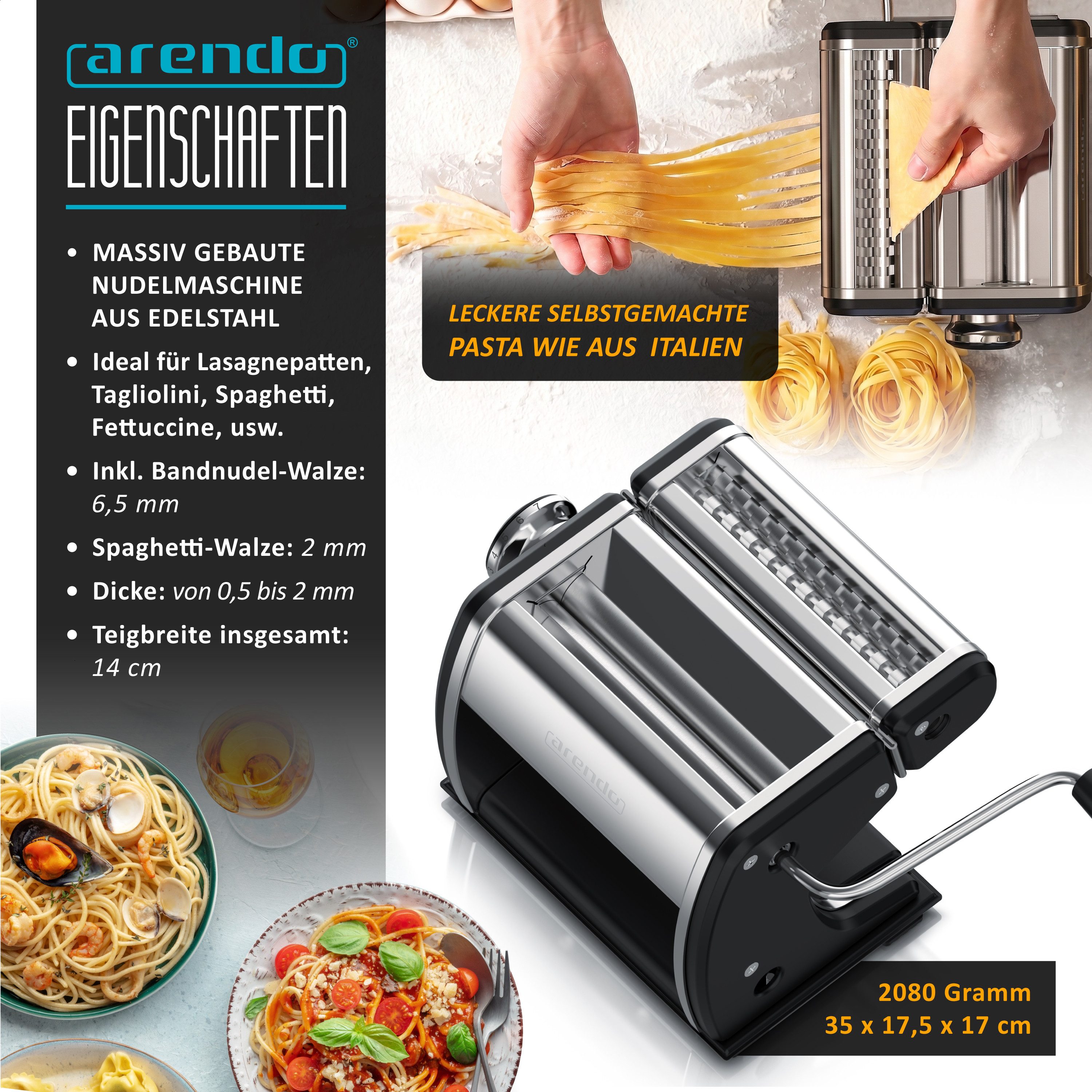Arendo Nudelmaschine Manueller Edelstahl Pasta Maker, Nudelpresse, 7 einstellbare Stärken, Duplexvorsatz für Spaghetti, Tagliatelle, Lasagne - 2mm und 6,5mm – Bild 2 von 5