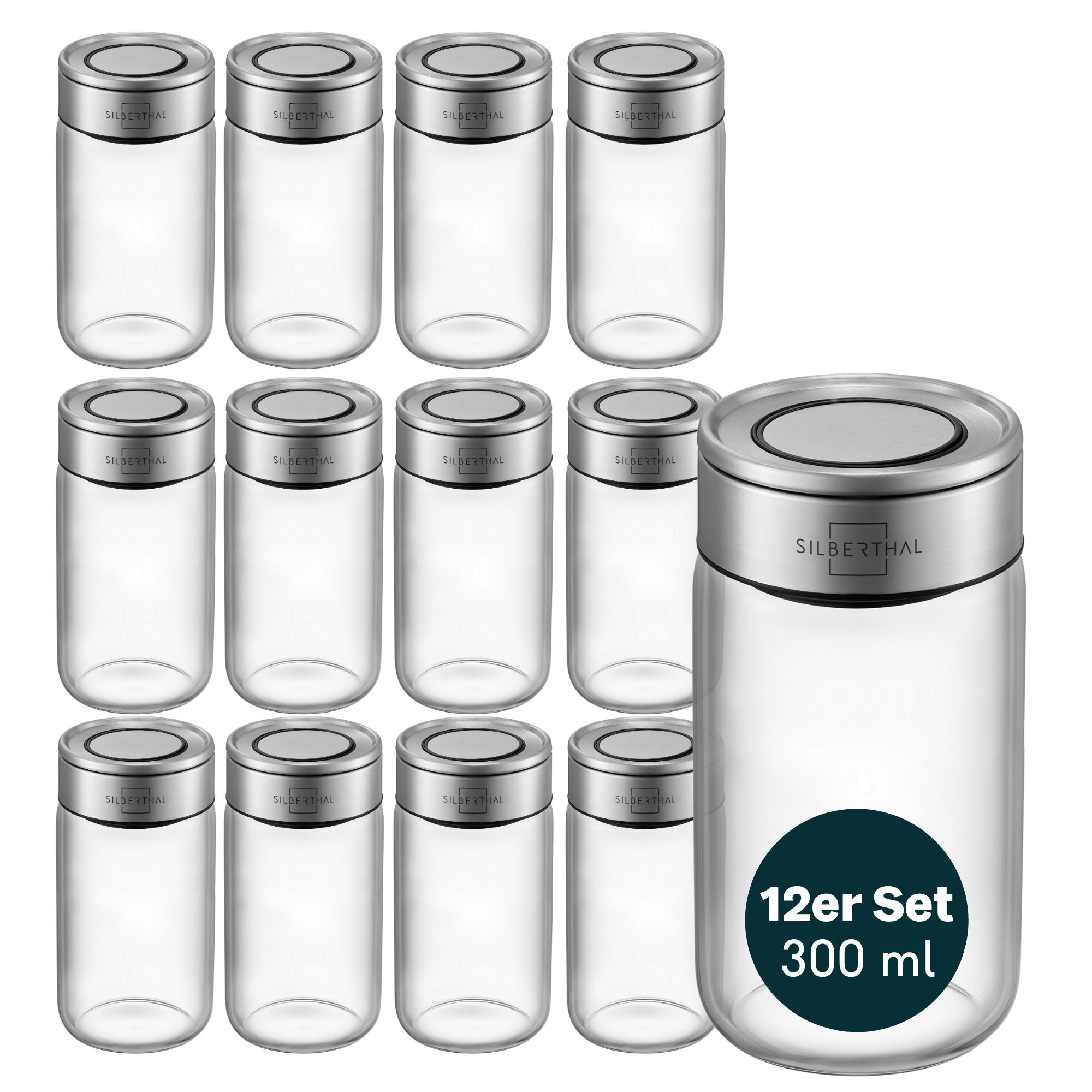 SILBERTHAL Gewürzbehälter 12 x Gewürzglas 300 ml Set, Glas, Edelstahl, (12-tlg., 12er Set), Luftdicht & Mottensicher