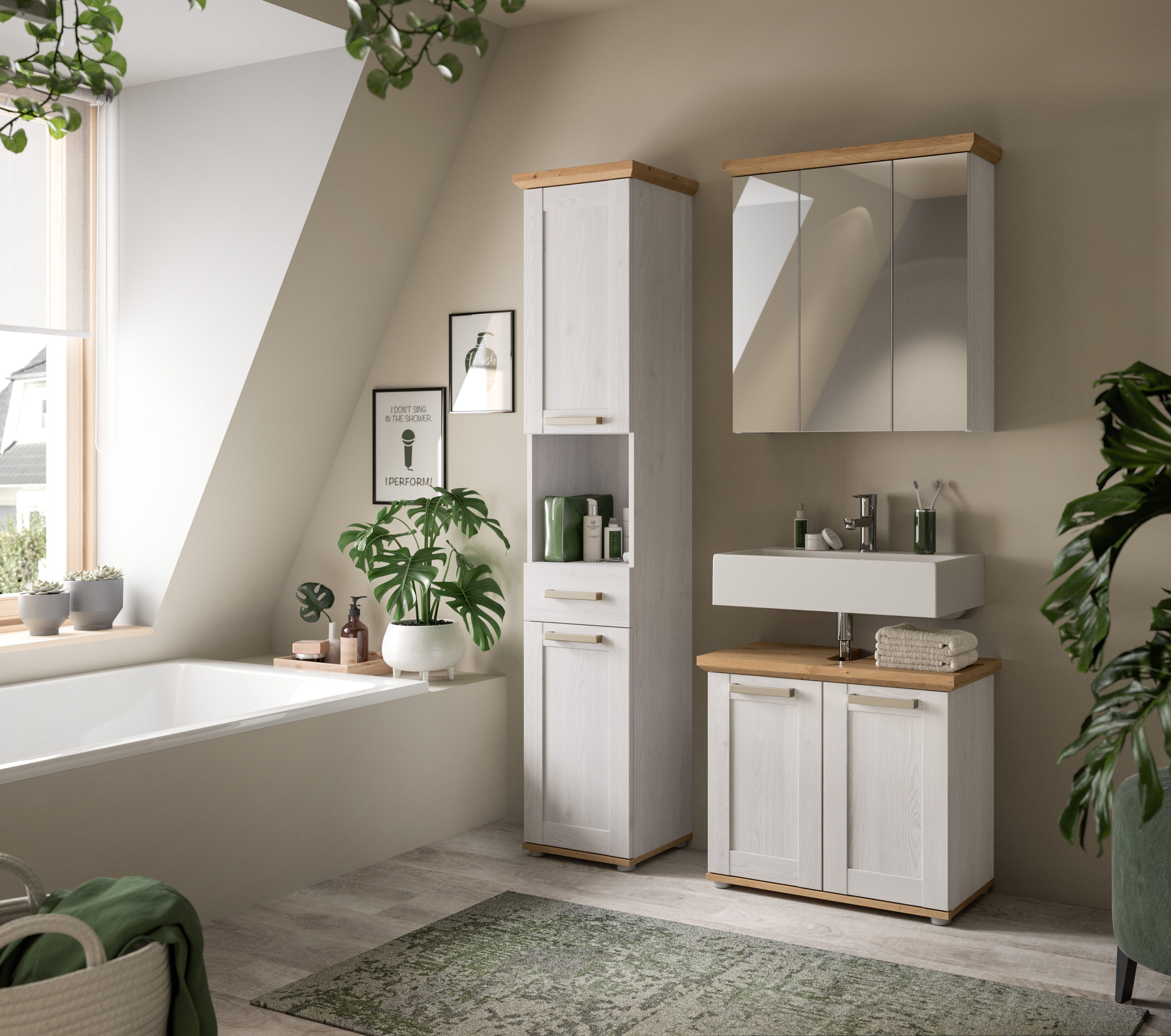 welltime Badmöbel-Set COSENZA, 3-teilig, in Landhausoptik, mit farblich abgesetztem Kranz, (3-St., best. aus: Hochschrank, Spiegelschrank und Waschbeckenunterschrank), Bad-Kombination, Badezimmer, Kombi, Bad, Bad-Möbel