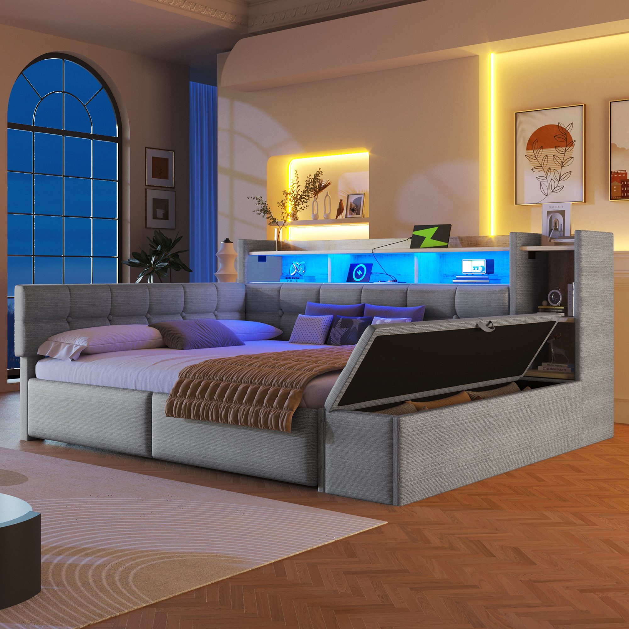 Merax Daybett mit LED Lichtleiste, USB & Typ-C, Samt (Schlafsofa Sofabett Jugendbett Kinderbett, 1 tlg), Tagesbett 140x190cm mit Schubladen,Ablagefach,Stauraumbank am Fußende