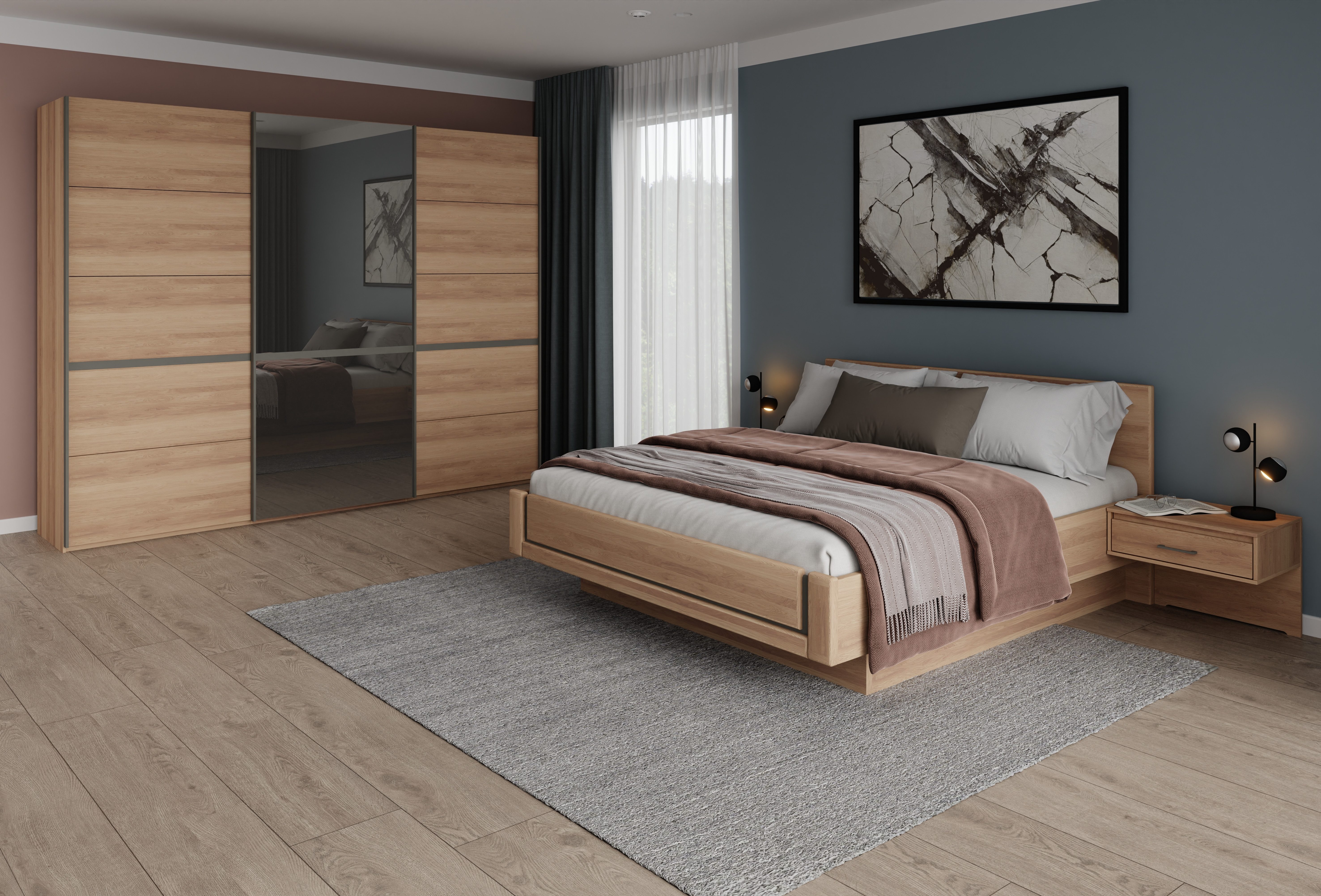 Musterring Schlafzimmer-Set Sorrent, Kleiderschrank, Bett & Nachtkommoden, teilmassiv Eiche, (2er-Set Nachtschränke, Schwebetürenschrank 300 cm, Bett 180x200 cm), mit Schwebetürenschrank, Bett schwebende Optik, Breite Schrank 250cm