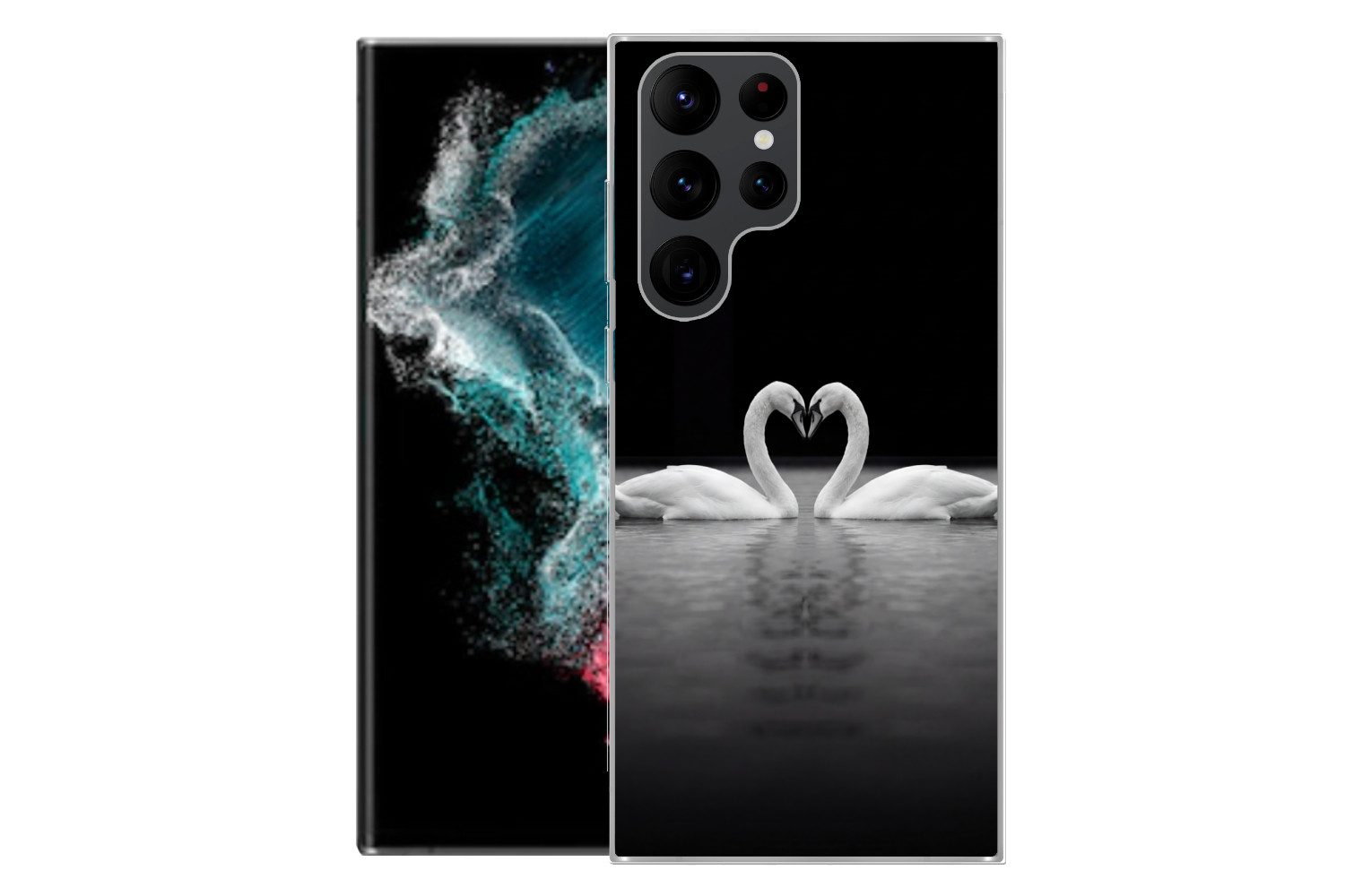 MuchoWow Handyhülle für Samsung Galaxy S22 Ultra Schwäne - Herz - Schwarz - Weiß, Phone Case, Silikon, Schutzhülle Dünn