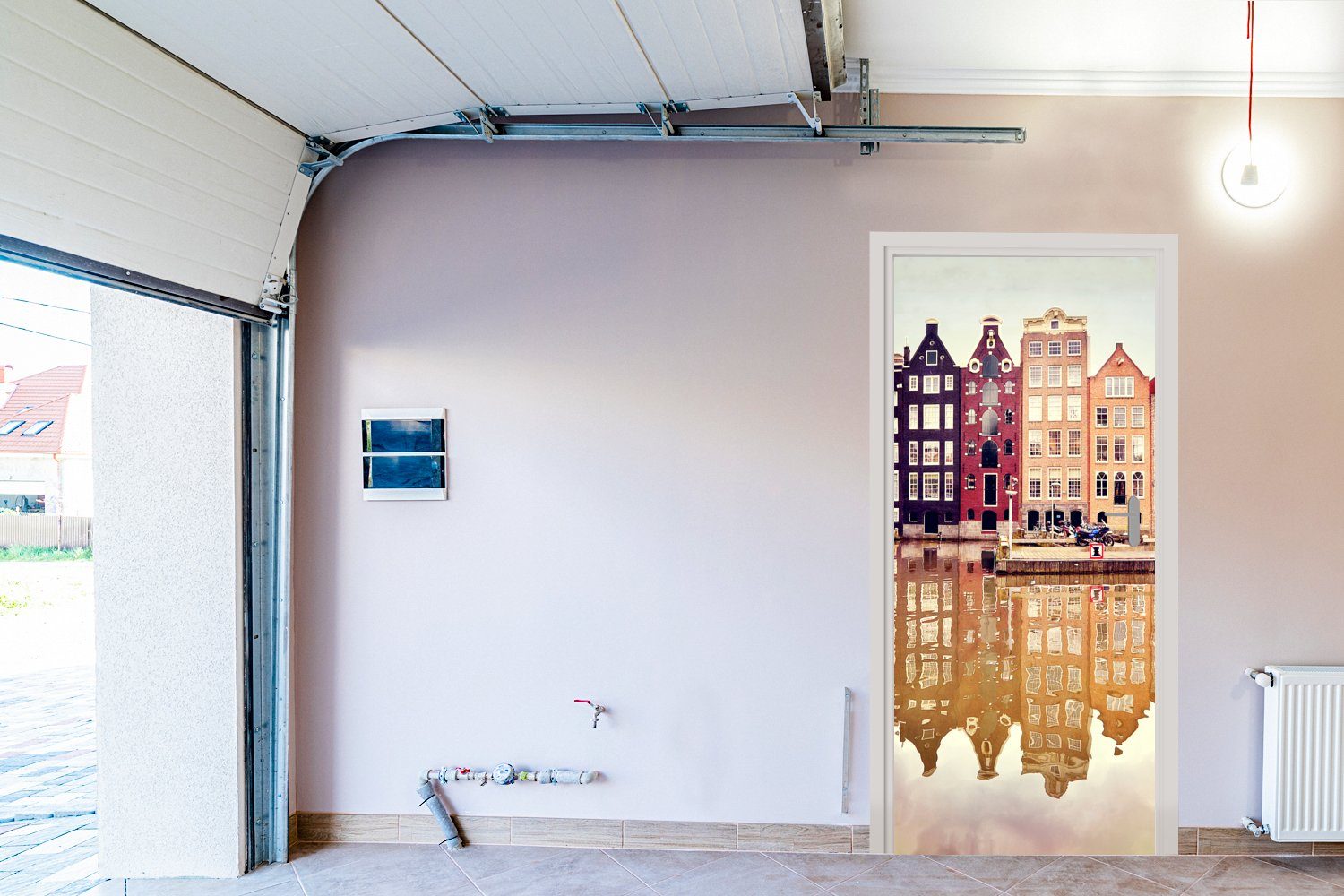 Matt, MuchoWow Tür, 75x205 - Haus Reflexion, Fototapete St), Türaufkleber, Amsterdam Türtapete (1 - bedruckt, cm für