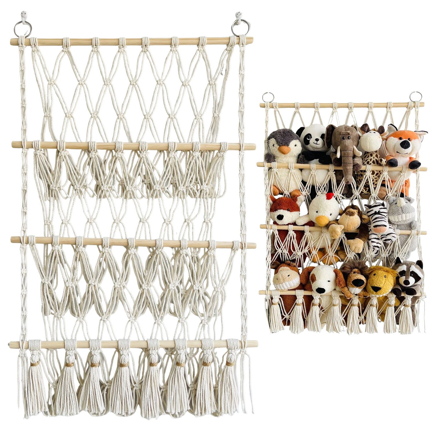 MOPUEA Hängekorb Spielzeug Aufbewahrung Netz Stofftier-Organizer Handgefertig (mit Quasten Stofftier-Hängekorb aus Baumwollseil und Kiefernholz, 1 St., Vielseitiger Boho Spielzeug Organizer für Kinderzimmer, Schlafzimmer), dreistufig, Einfache Installatio