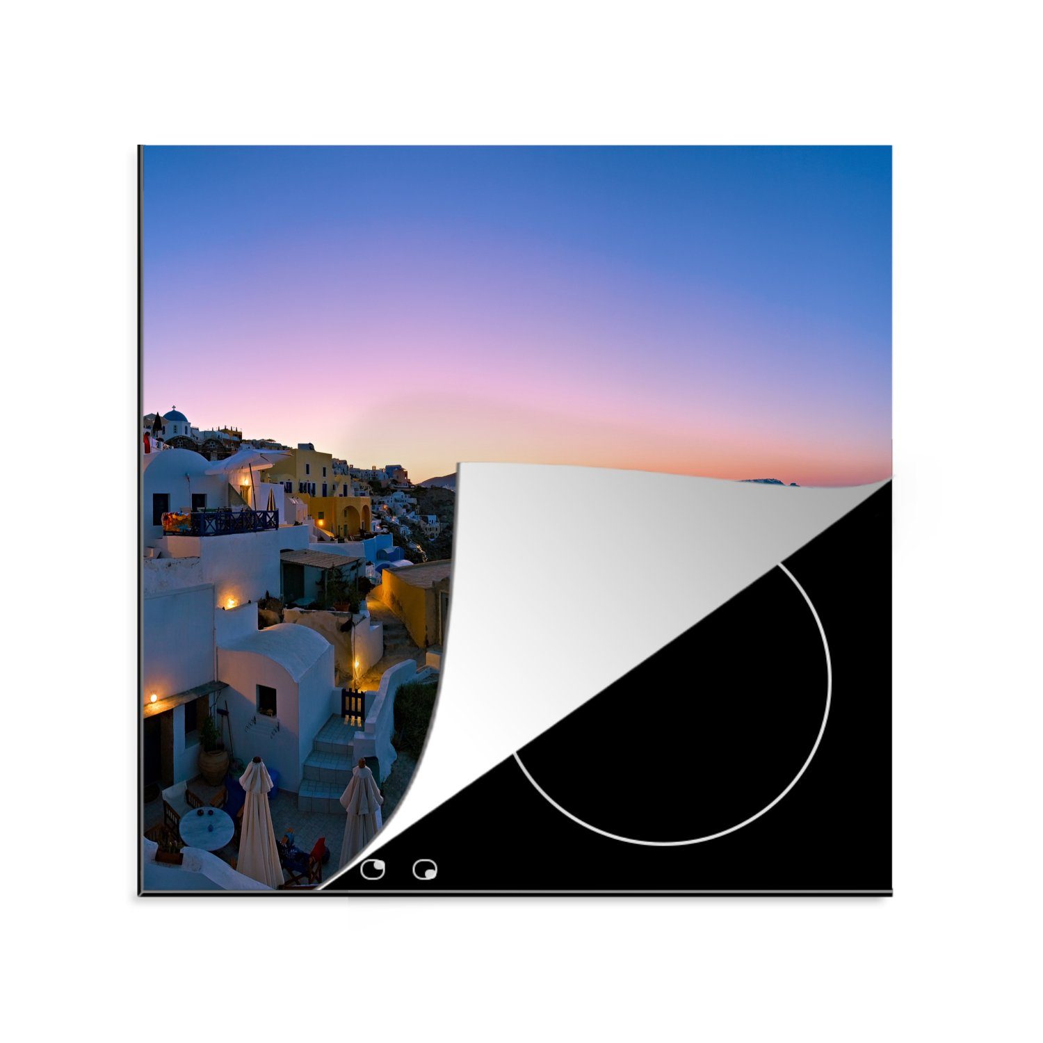 MuchoWow Herdblende-/Abdeckplatte Fischerdorf Oia bei Santorini Griechenland mit Sonnenaufgang, Vinyl, (1 tlg), 78x78 cm, Ceranfeldabdeckung, Arbeitsplatte für küche