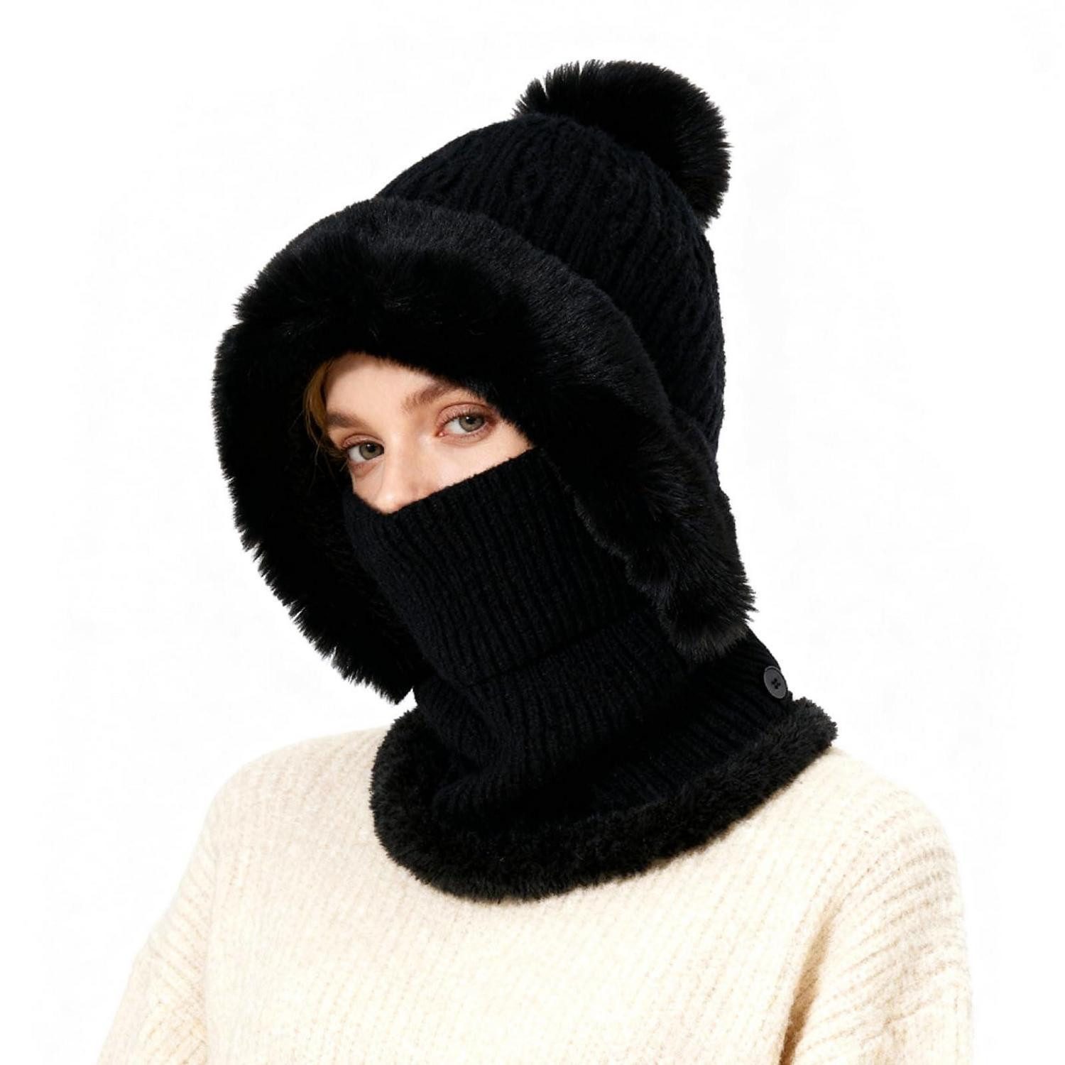 Sturmhaube Strickmütze Halswärmer Balaclava Damen Einheitsgröße Schwarz