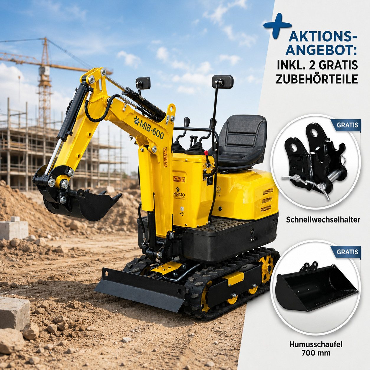 BAMATO Garten-Multifunktionsgerät - Bagger inkl Tieflöffel & Humusschaufel 8,8 kN Minibagger mit, Stk, 1, 6,3 kW Benzinmotor, 69 cm Spurbreite, vorbefüllt mit Hydrauliköl