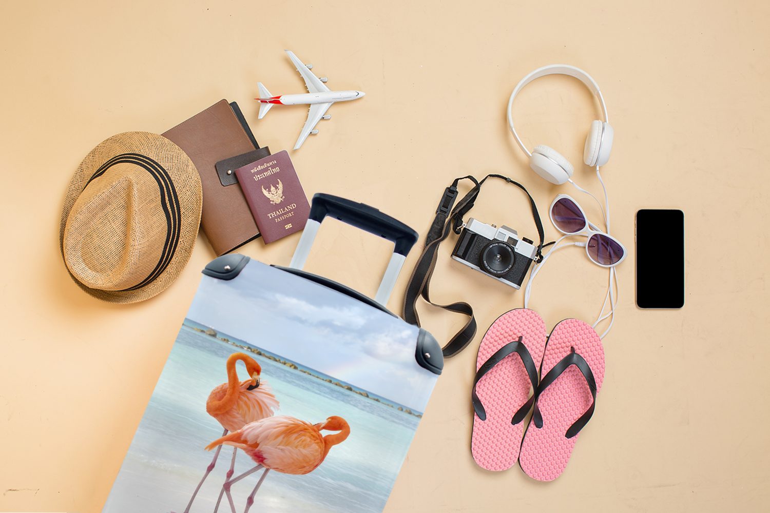 rollen, - Reisekoffer MuchoWow Rollen, 4 - Reisetasche Flamingo für Handgepäck Handgepäckkoffer Ferien, Sommer, Trolley, Meer mit