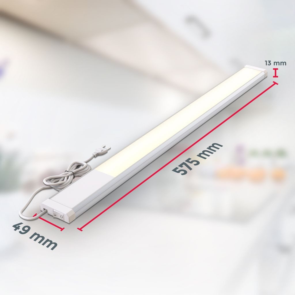 B.K.Licht LED Unterbauleuchte mit Schalter 57x4,9 cm Küche 230V weiß-silber, LED fest integriert, 2700K - Extra-Warmweiß, 3000K Schranklicht flach 10W 1100lm Al – Bild 4 von 5