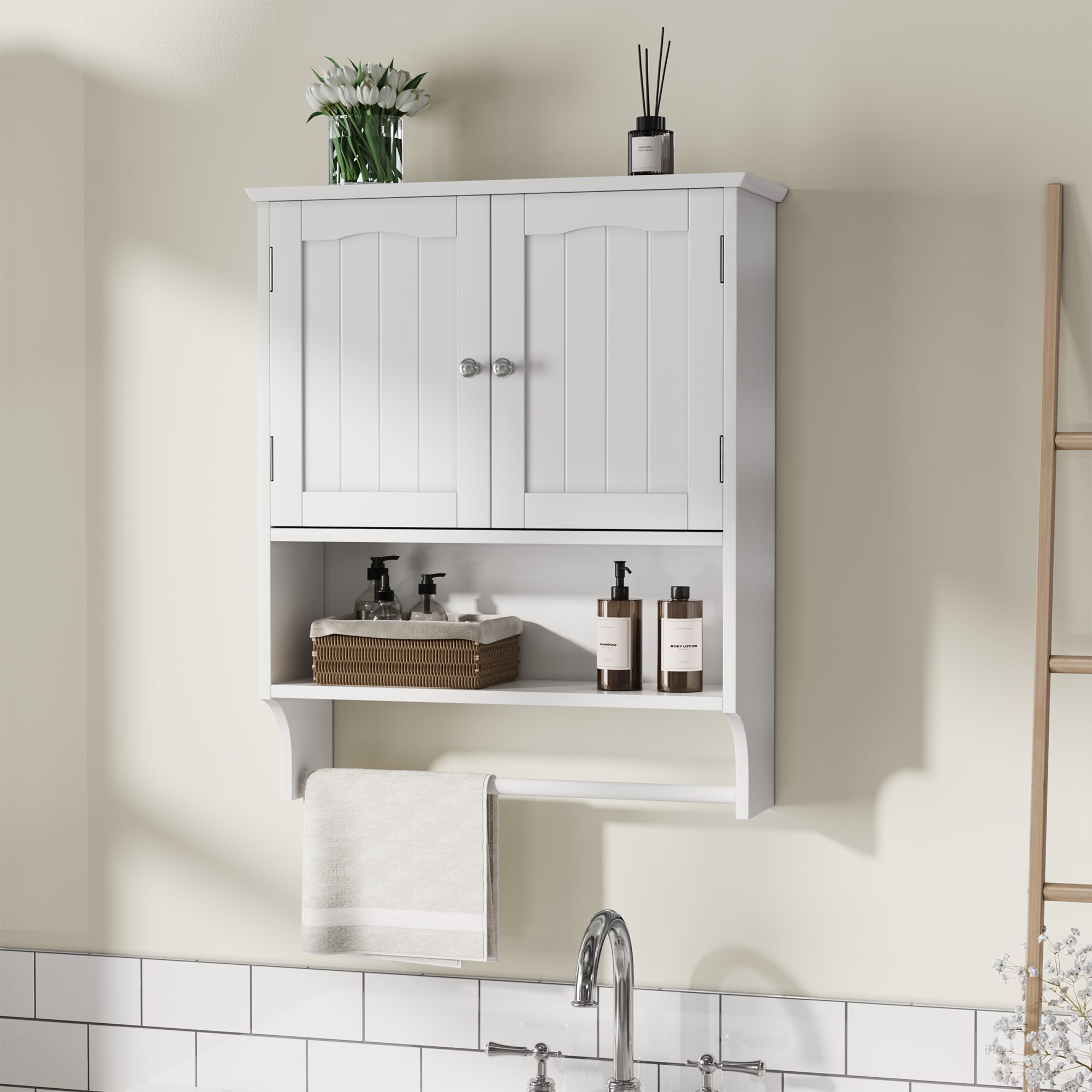 Hängeschrank mit Handtuchhalter MDF weiß Medizinschrank verstellbare Regale