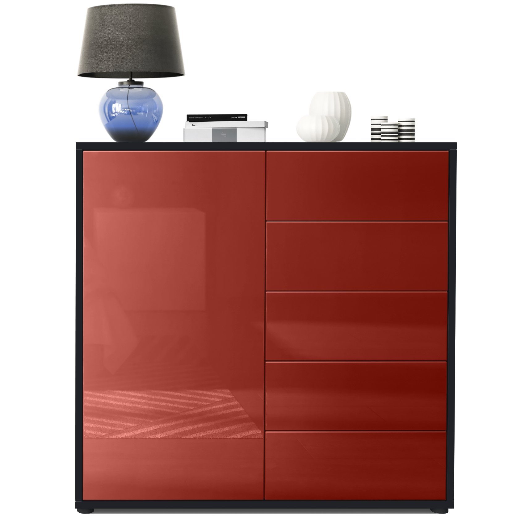 Vladon Kommode Ben V2 (Kommode, mit 1 Tür und 5 Schubladen), Schwarz matt/Bordeaux Hochglanz (79 x 74 x 36 cm)