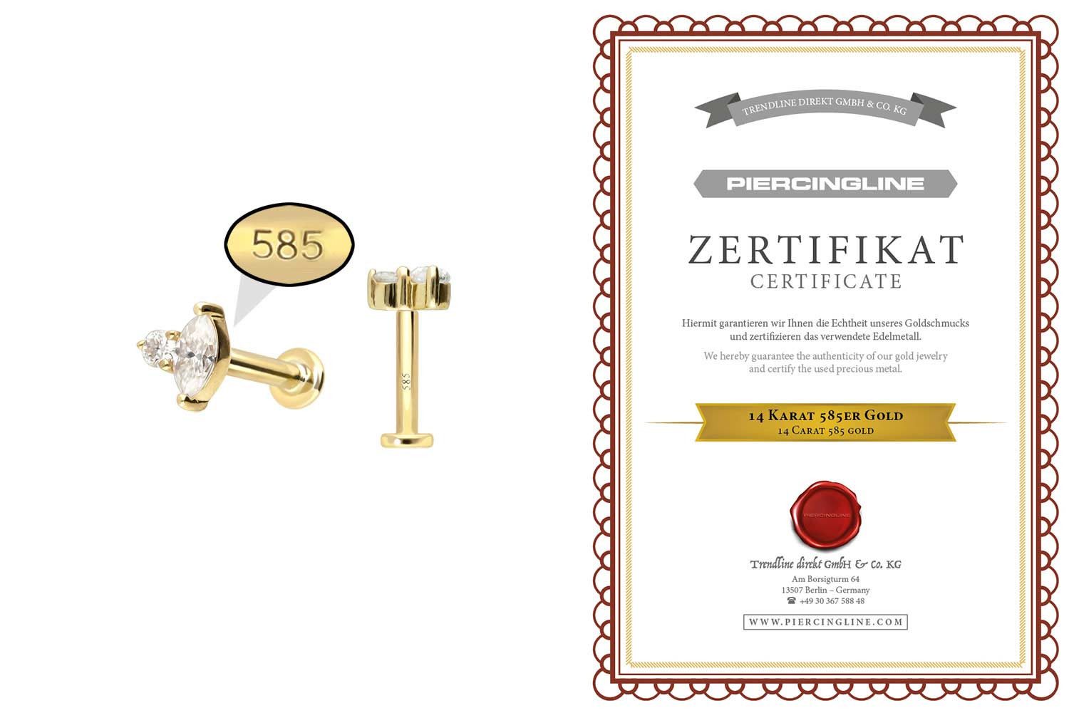 PIERCINGLINE Piercing-Set 14 Karat Gold Labret mit Push Fit MOISSANIT-DESIGN (Labrets, 1-tlg)