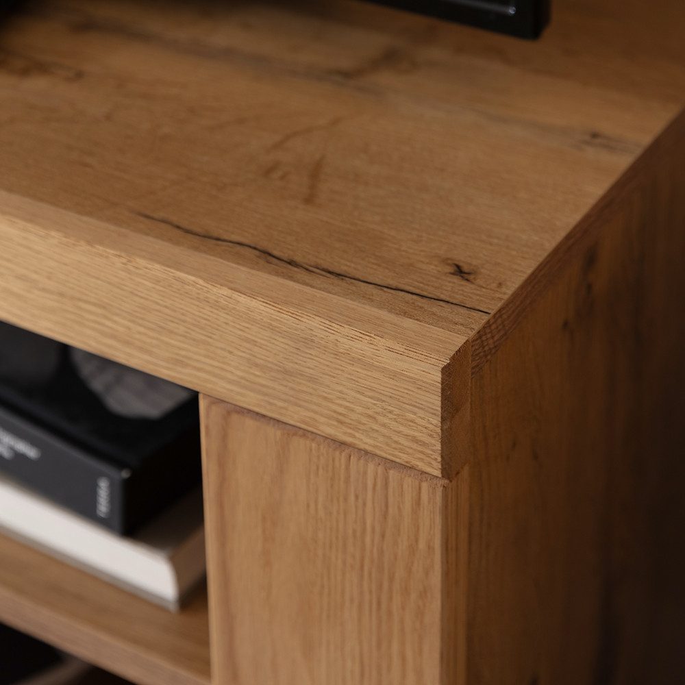 Lomadox Wohnwand GIUSTINO-06, (3-St., Vitrine Wandboard Lowboard), Eiche teilmassiv geölt, Massivholzfronten, LED-Beleuchtung