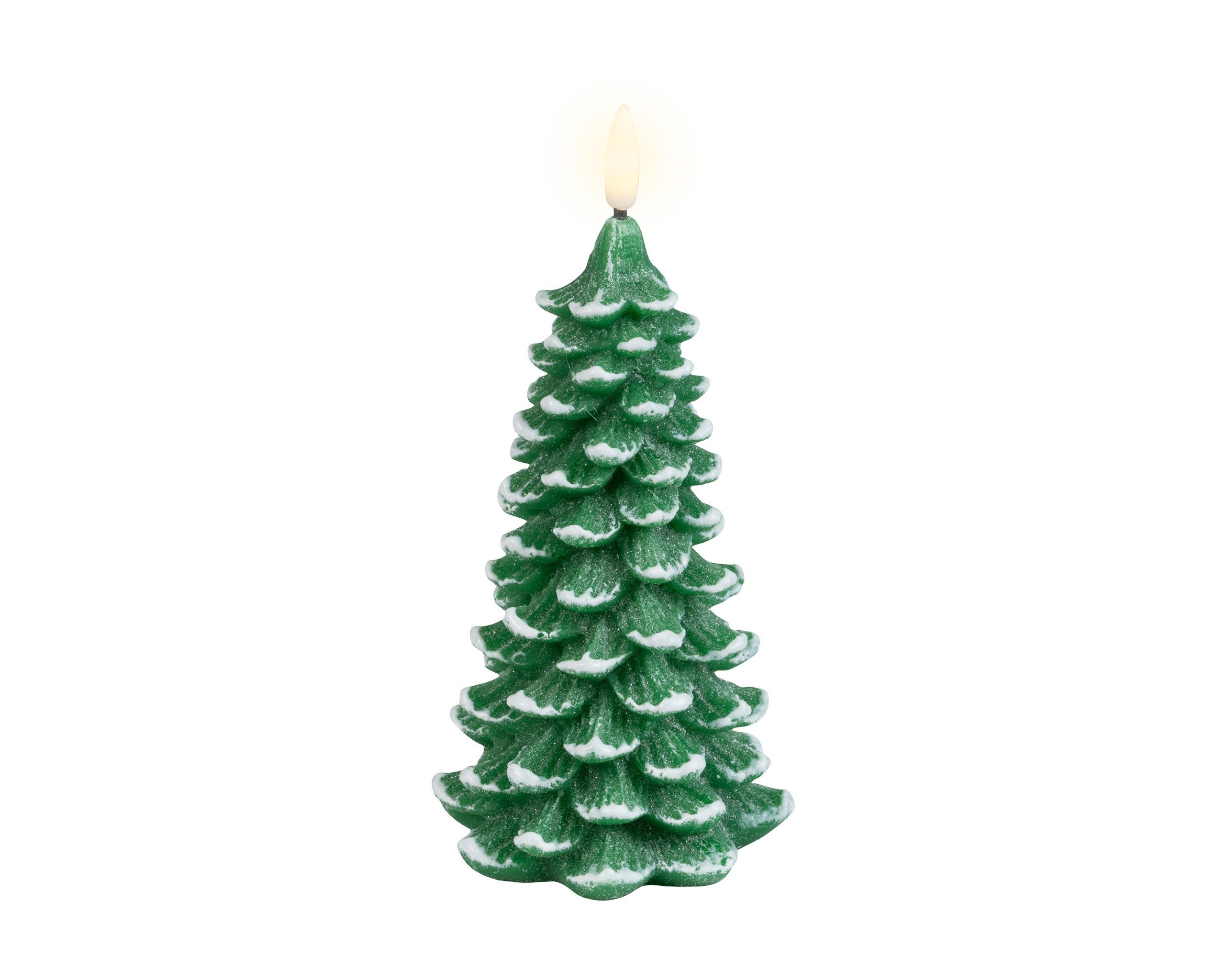 Lumineo LED-Kerze, Timer, warmweiß, LED Kerze Tannenbaum aus Wachs schneebedeckt 18,5x8,5cm Flacker Effekt