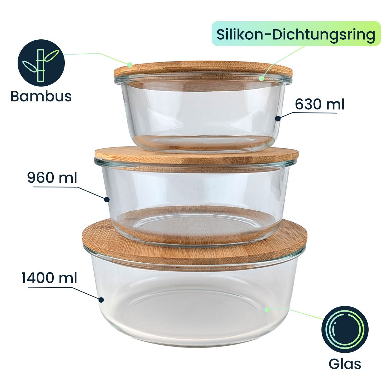 shop'n smile ideoon Vorratsdose Vorratsdosen Glas Rund Vorratsgläser Bambus Deckel 630/960/1400 ml, (6-tlg., 1er-Set von 3 St. & 2er-Set von 6 St), luftdicht da – Bild 3 von 5